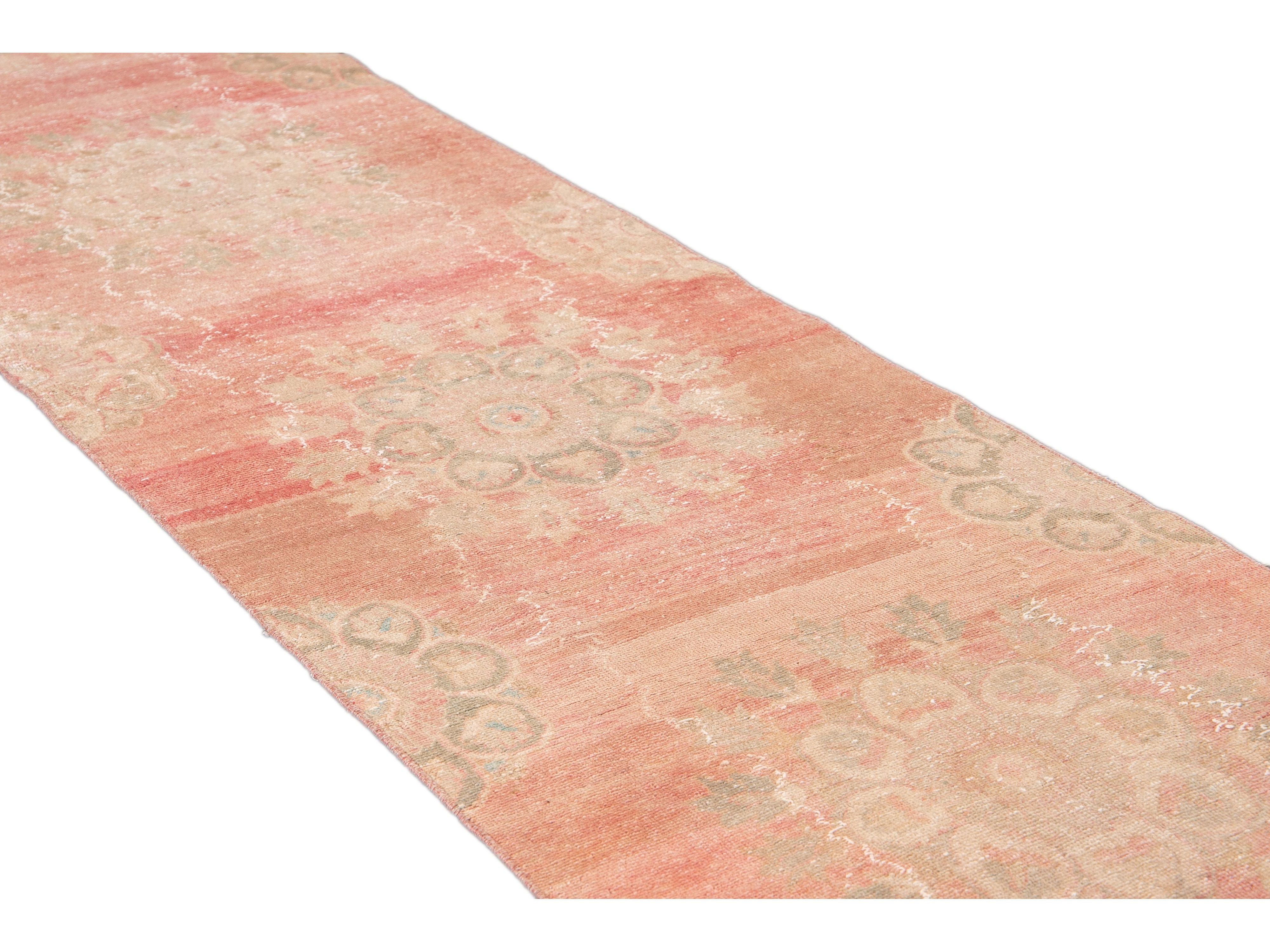 Vintage Turkish Handmade Pink Medallion Floral Wool Runner