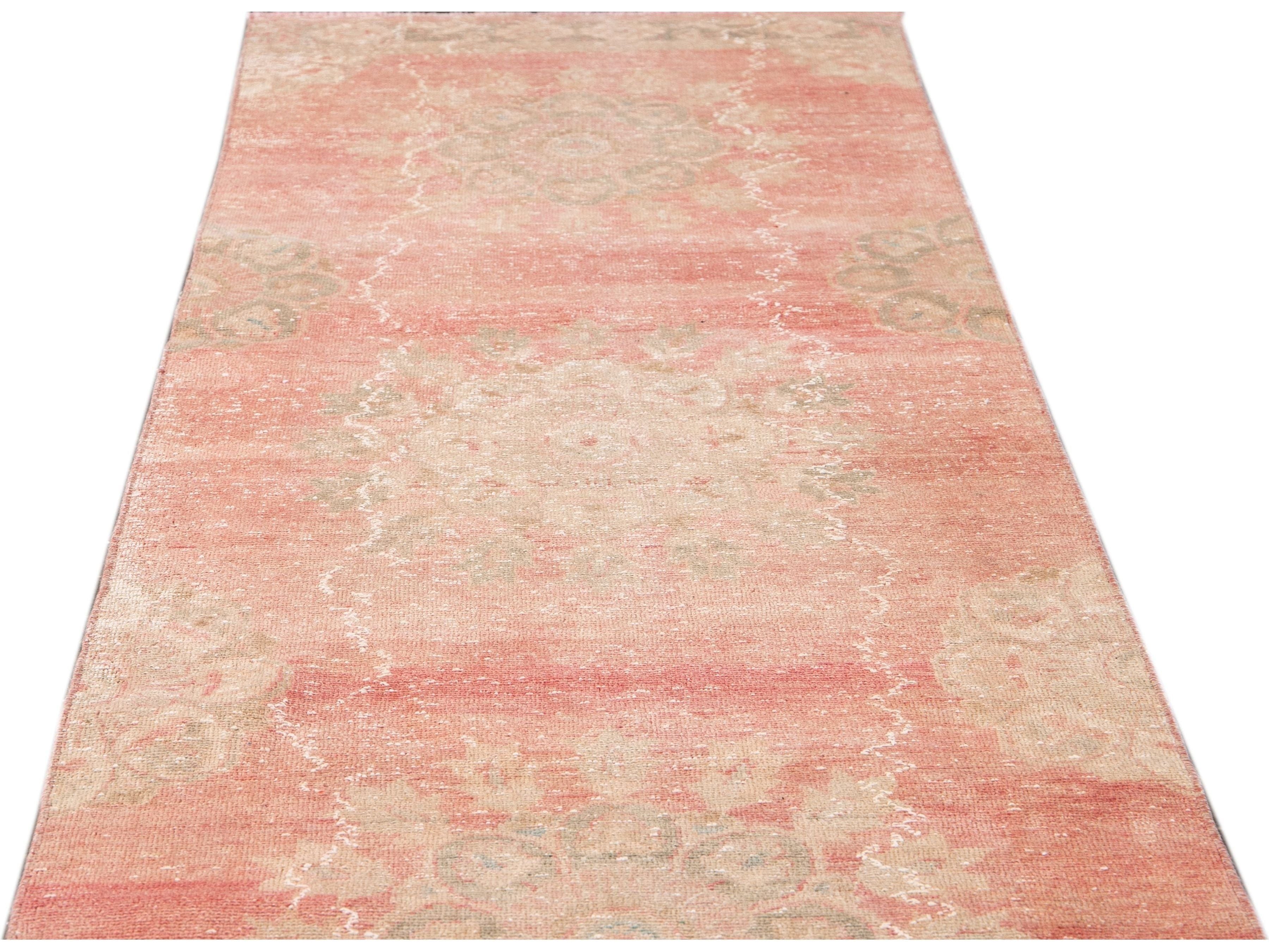 Vintage Turkish Handmade Pink Medallion Floral Wool Runner