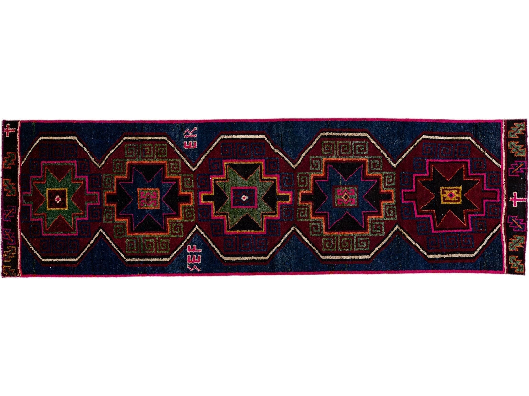 Vintage Turkish Handmade Tribal Blue Wool Runner