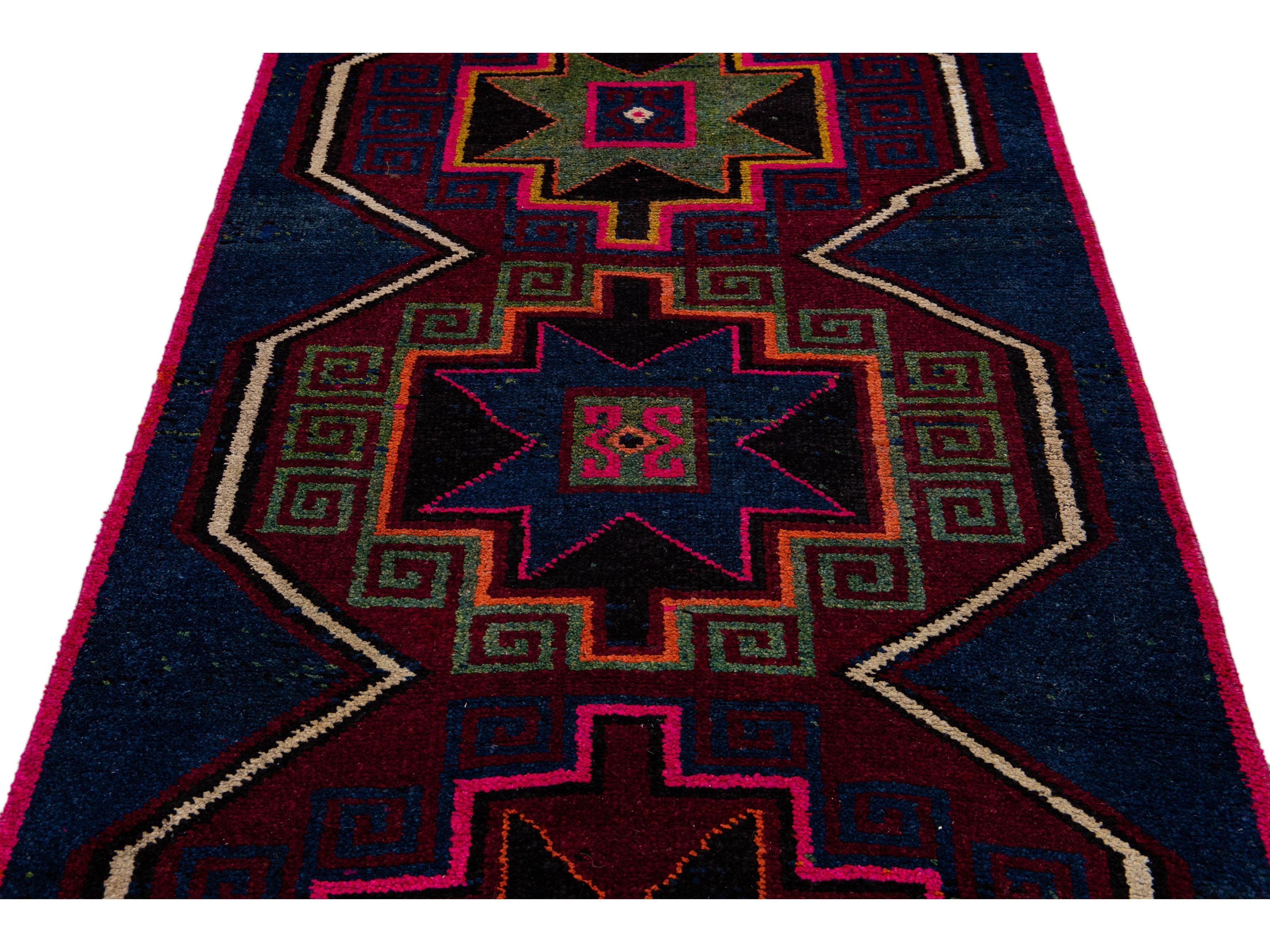 Vintage Turkish Handmade Tribal Blue Wool Runner