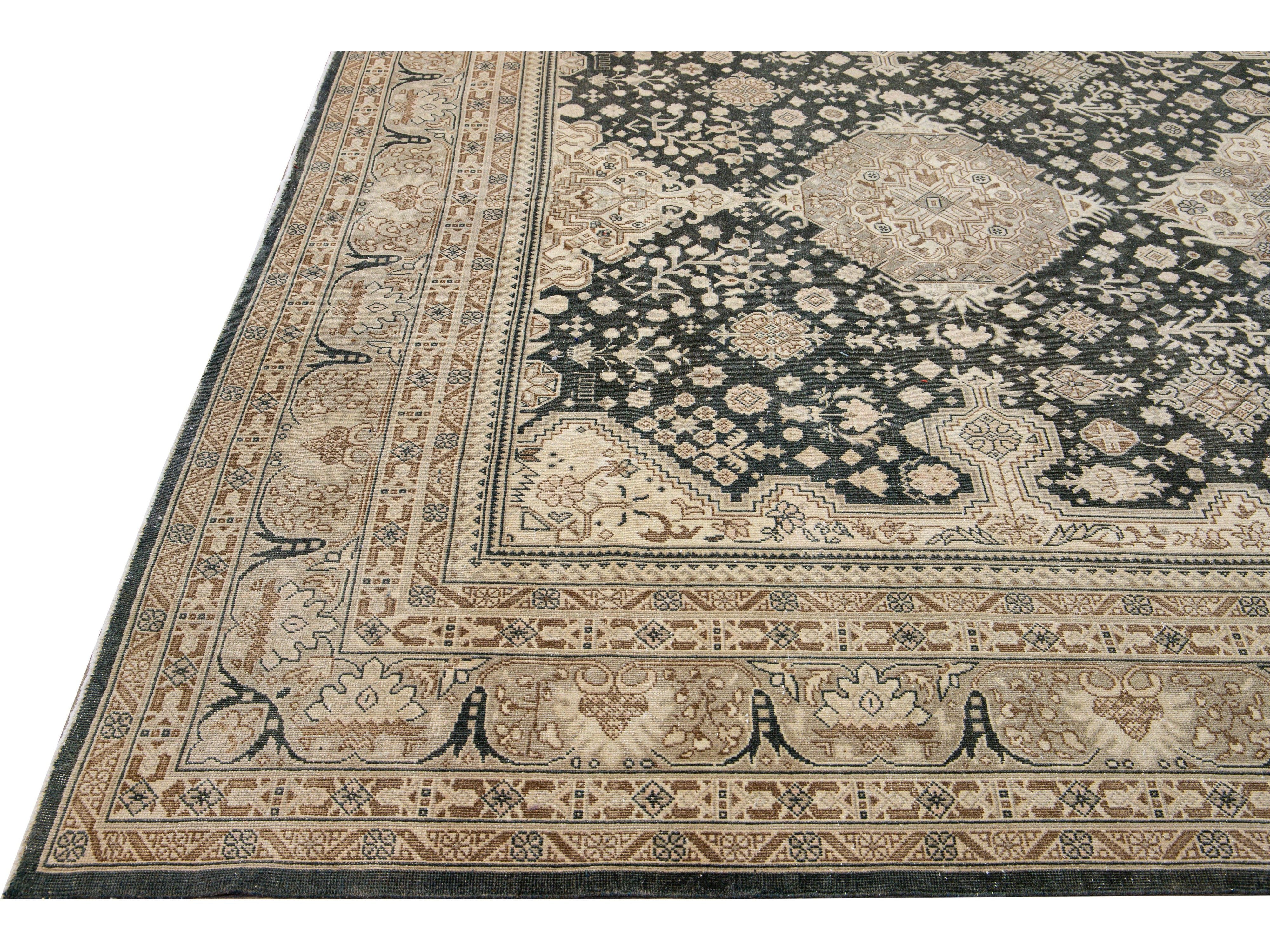 Antique Tabriz Persian Handmade Tribal Medallion Gray and Beige Wool Rug