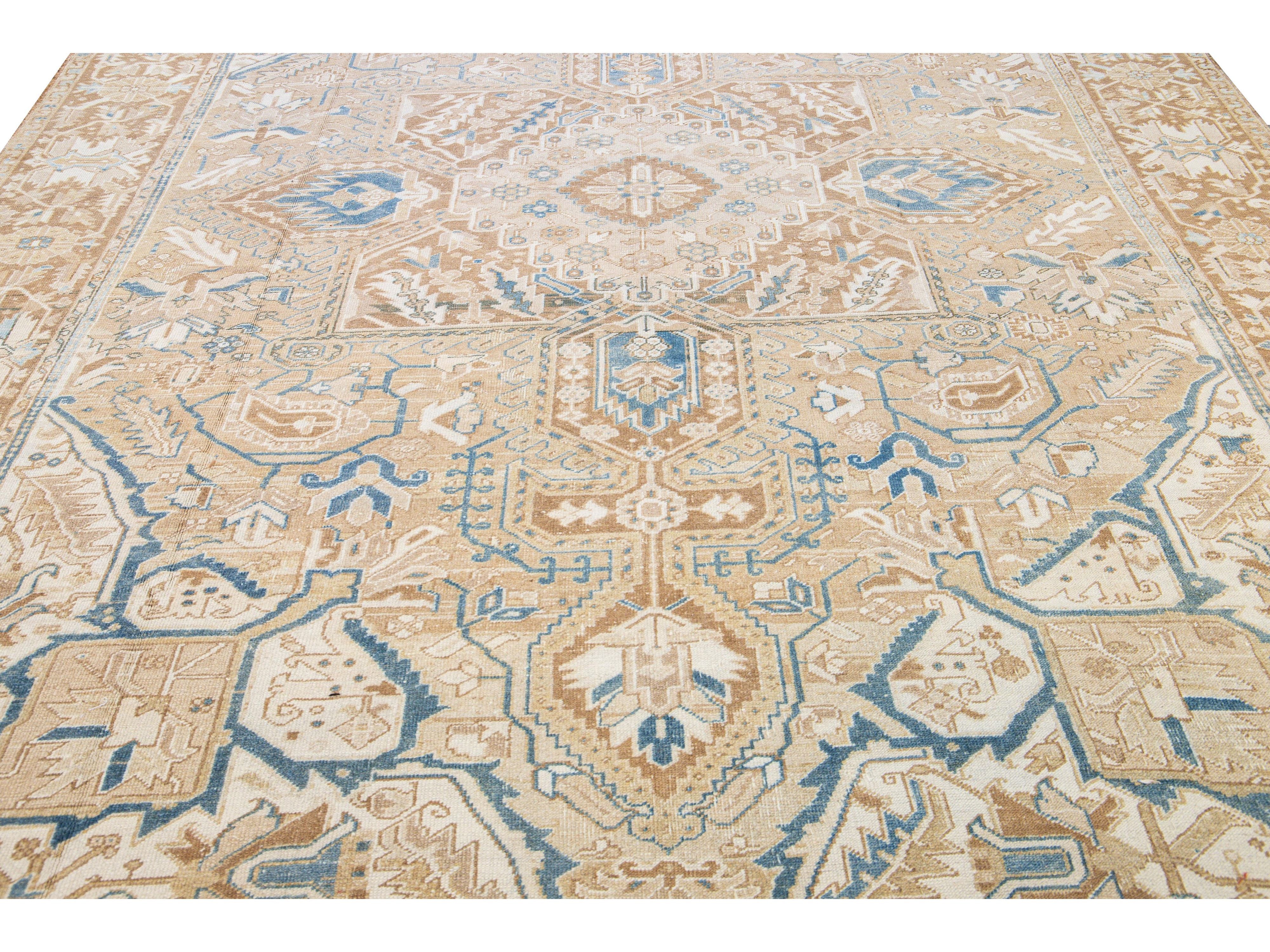 Antique Persian Heriz Handmade Medallion Tan and Blue Wool Rug