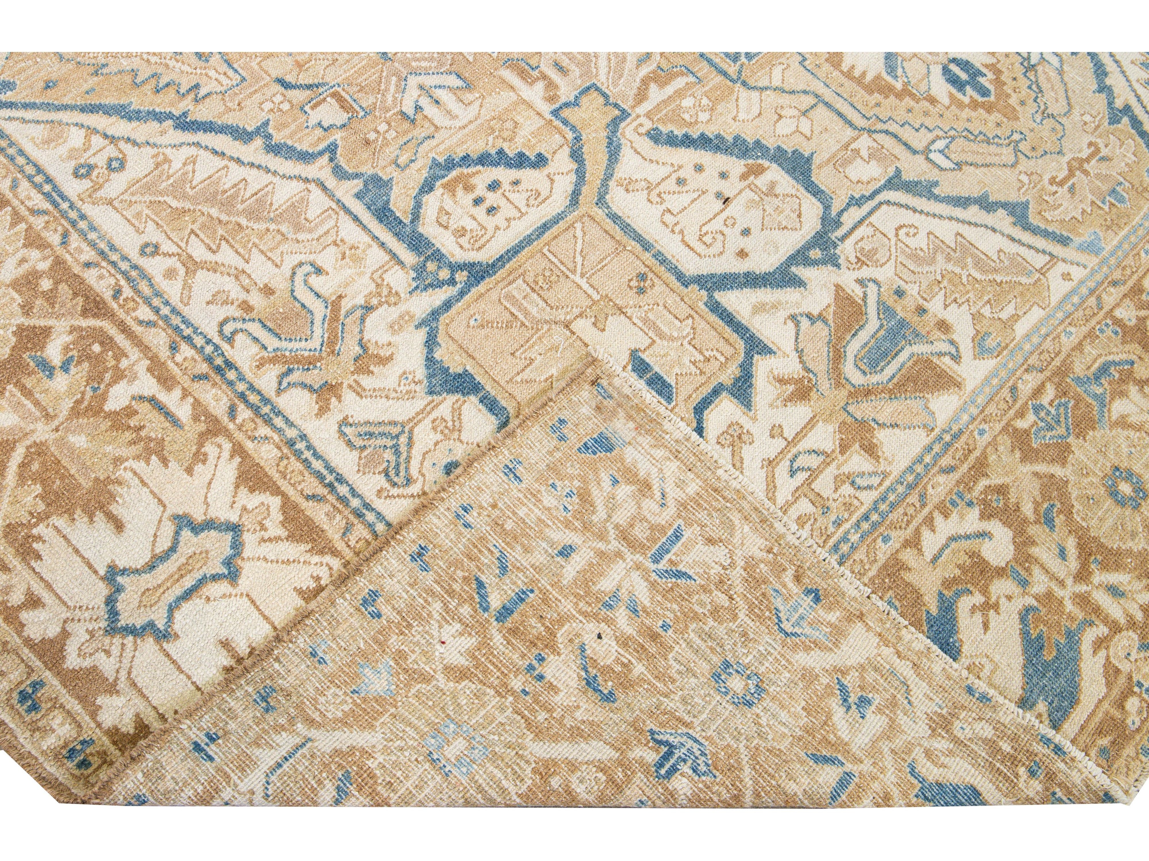 Antique Persian Heriz Handmade Medallion Tan and Blue Wool Rug