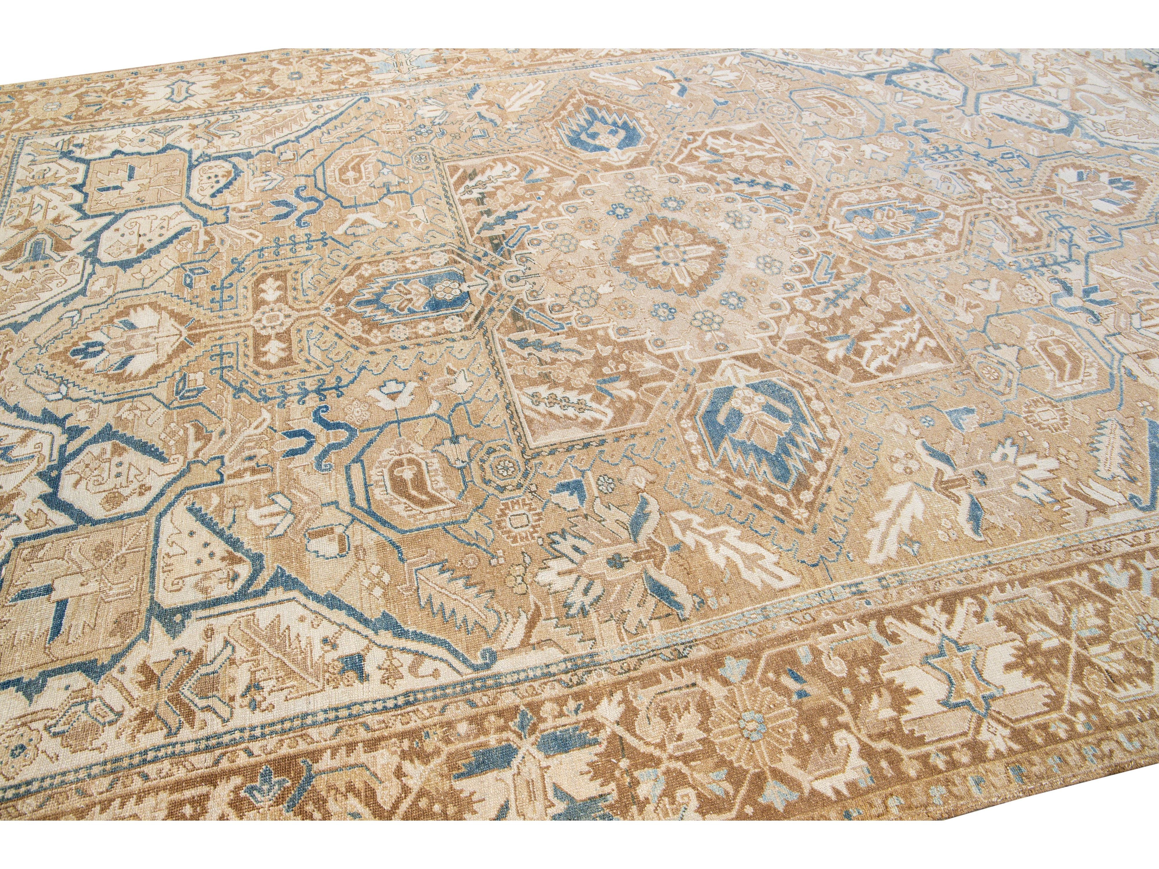 Antique Persian Heriz Handmade Medallion Tan and Blue Wool Rug