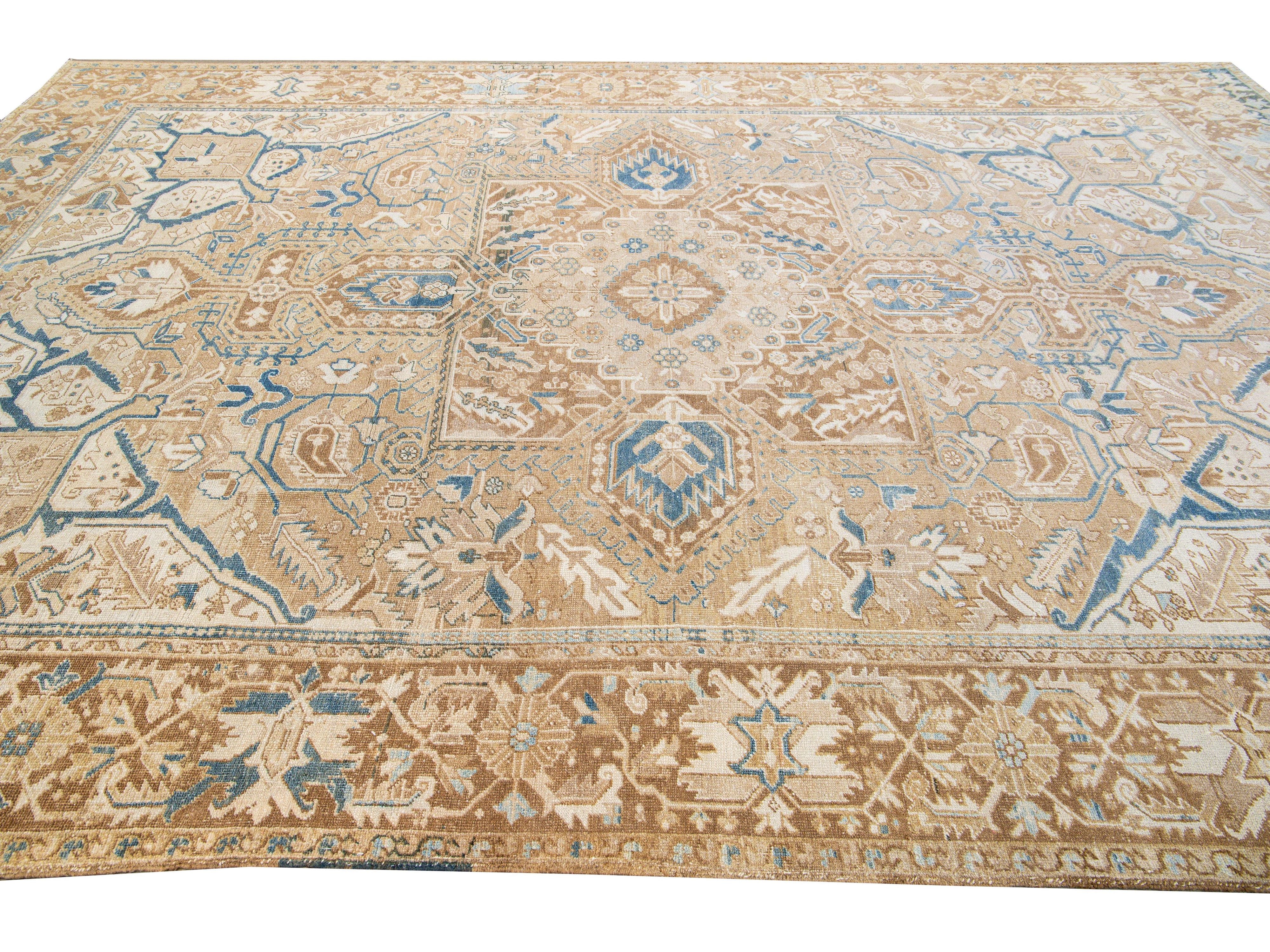 Antique Persian Heriz Handmade Medallion Tan and Blue Wool Rug