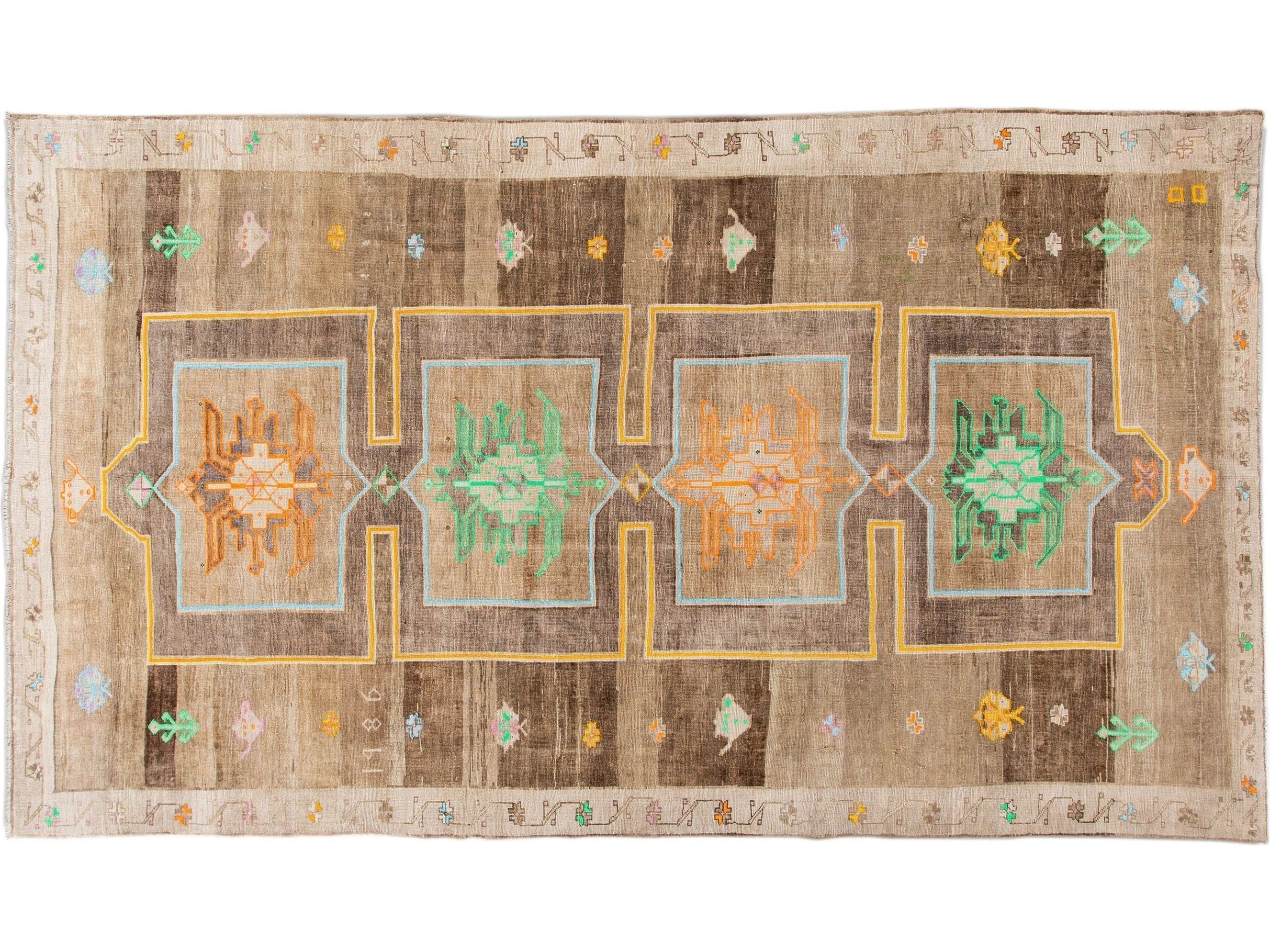 Vintage Beige and Brown Turkish Kars Handmade Tribal Wool Rug