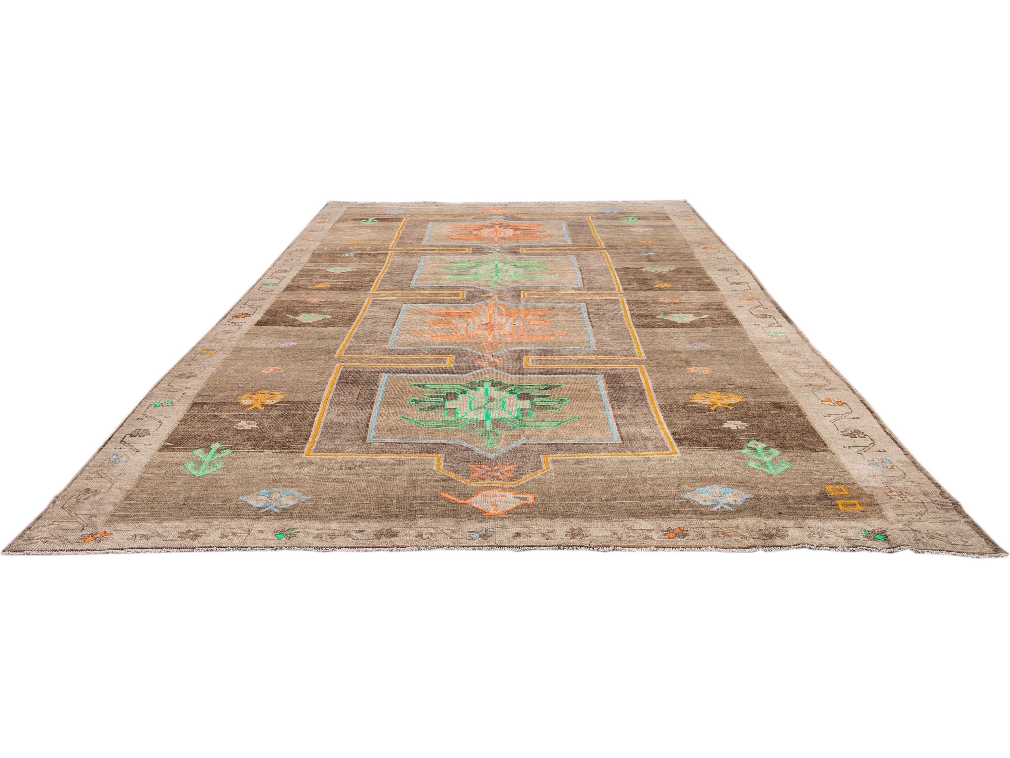 Vintage Beige and Brown Turkish Kars Handmade Tribal Wool Rug