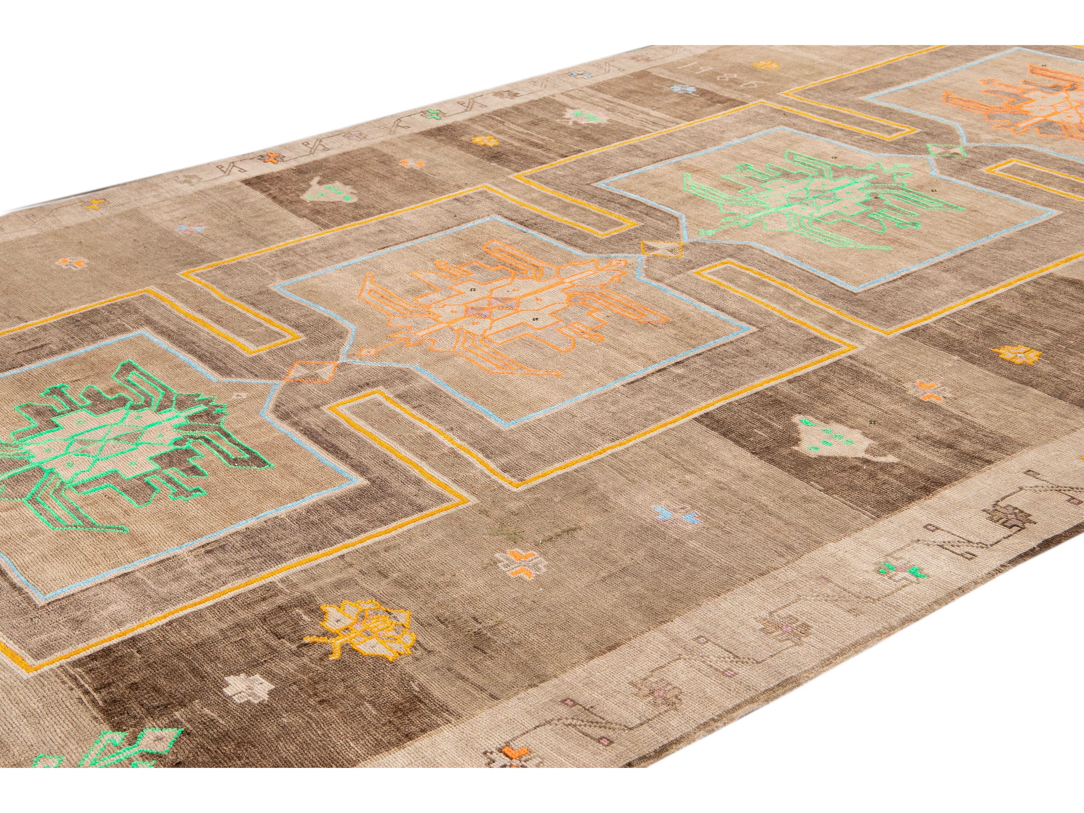 Vintage Beige and Brown Turkish Kars Handmade Tribal Wool Rug