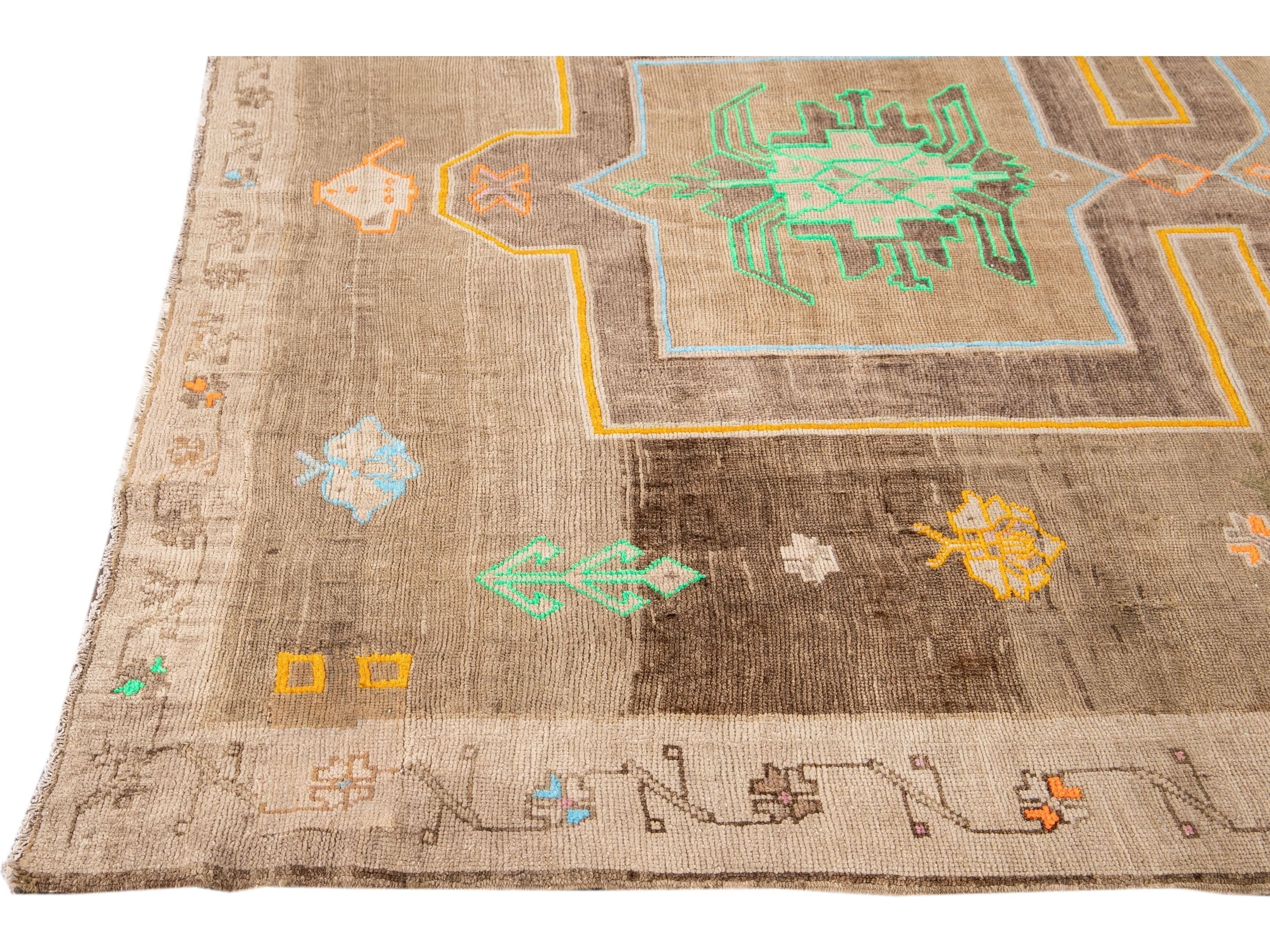 Vintage Beige and Brown Turkish Kars Handmade Tribal Wool Rug
