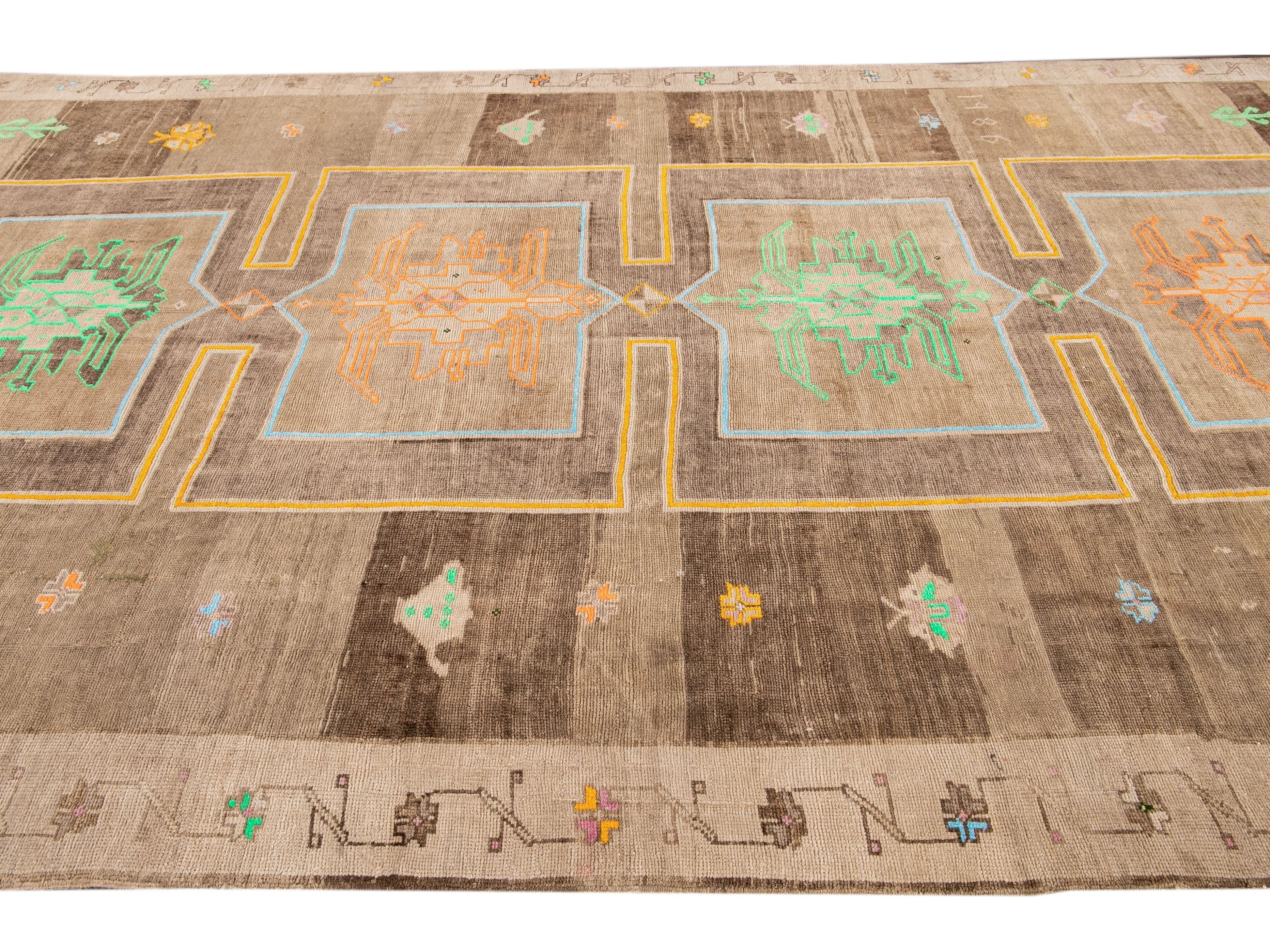 Vintage Beige and Brown Turkish Kars Handmade Tribal Wool Rug