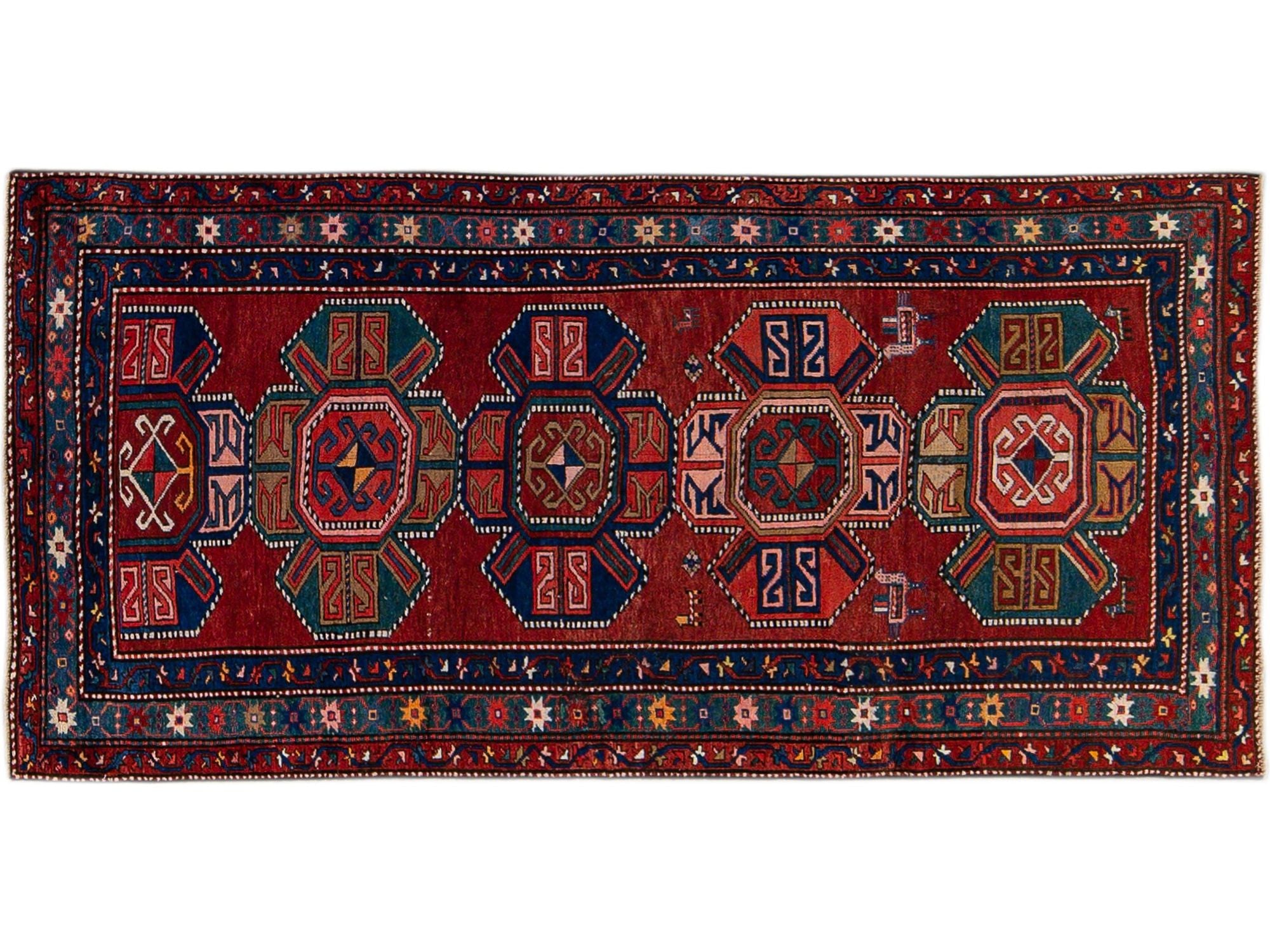 19th Century Kazak Multicolor Tribal Motif Red Wool Runner
