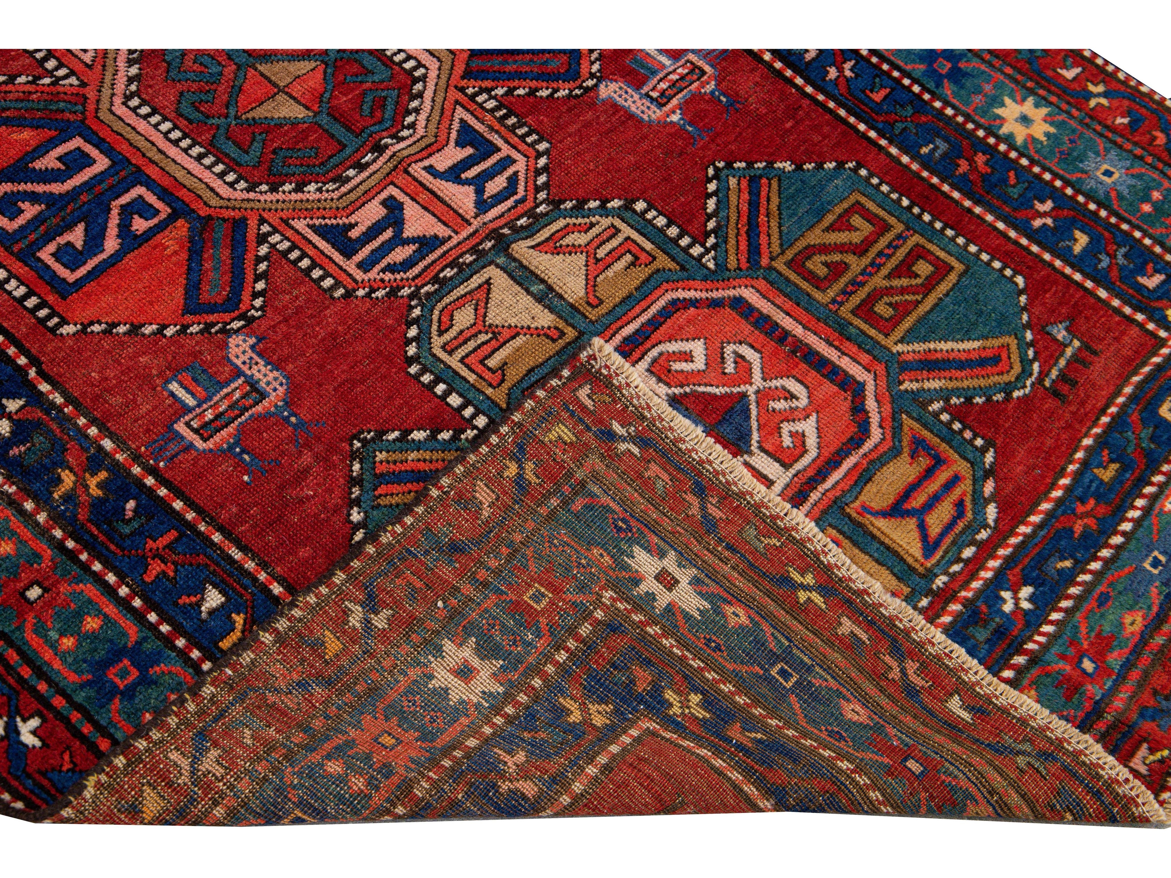 19th Century Kazak Multicolor Tribal Motif Red Wool Runner