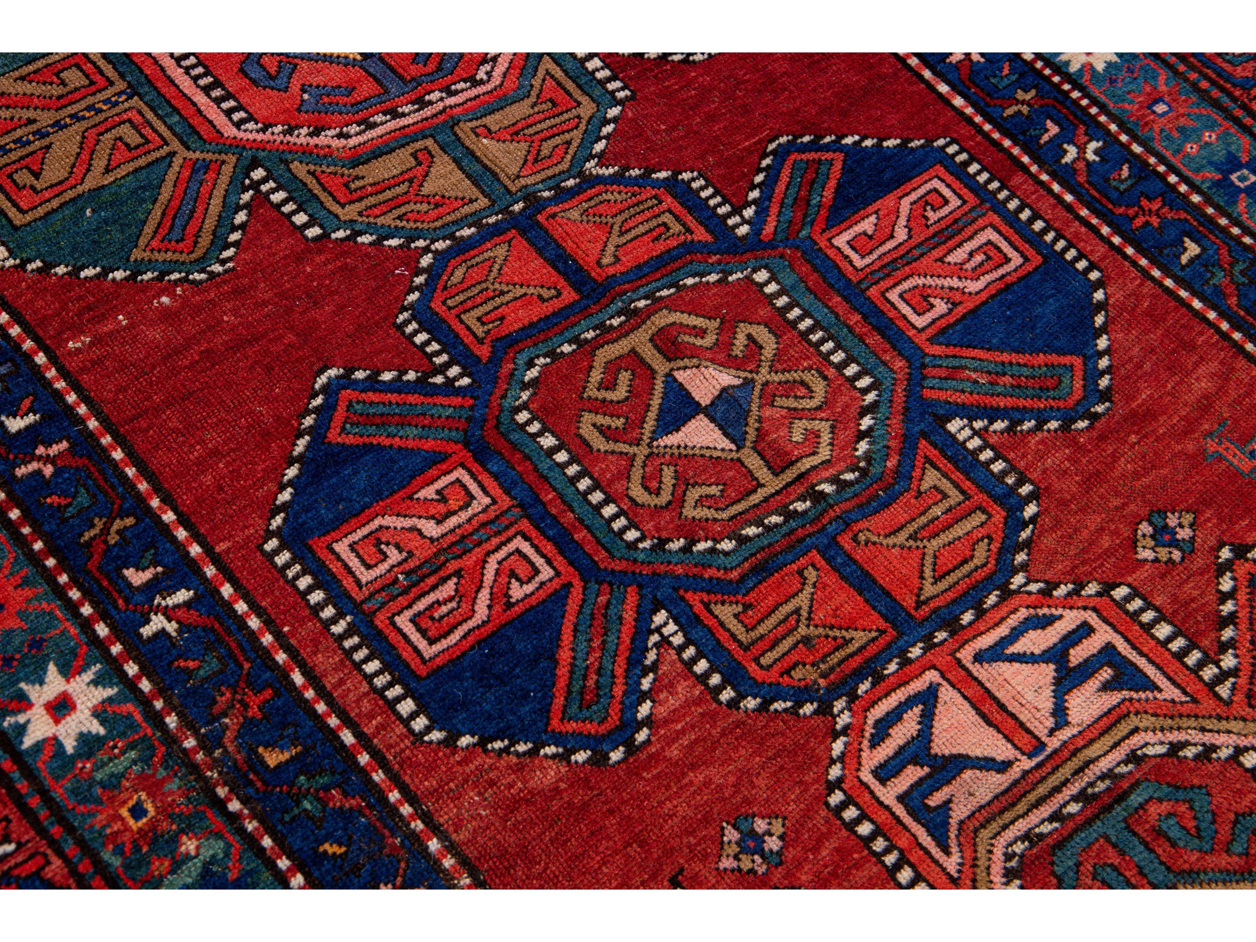 19th Century Kazak Multicolor Tribal Motif Red Wool Runner
