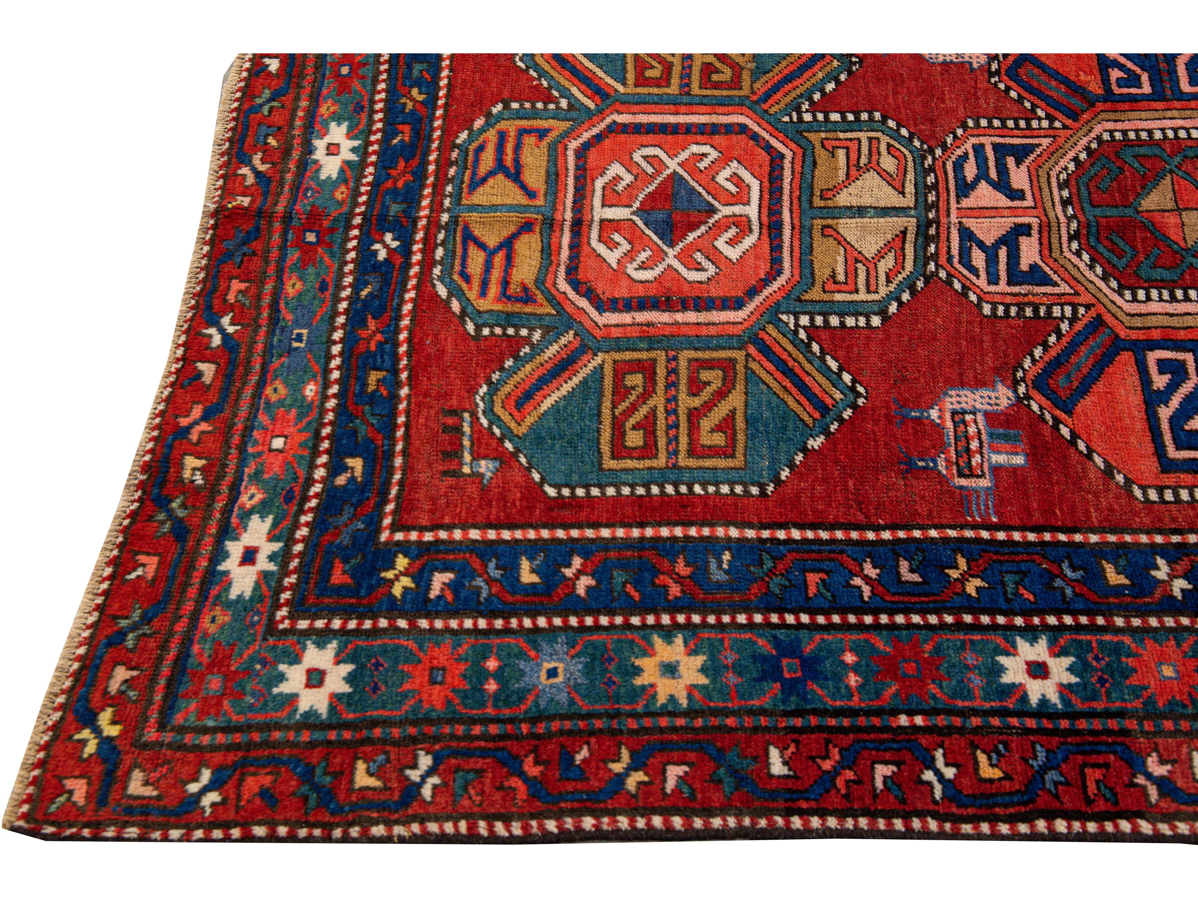 19th Century Kazak Multicolor Tribal Motif Red Wool Runner