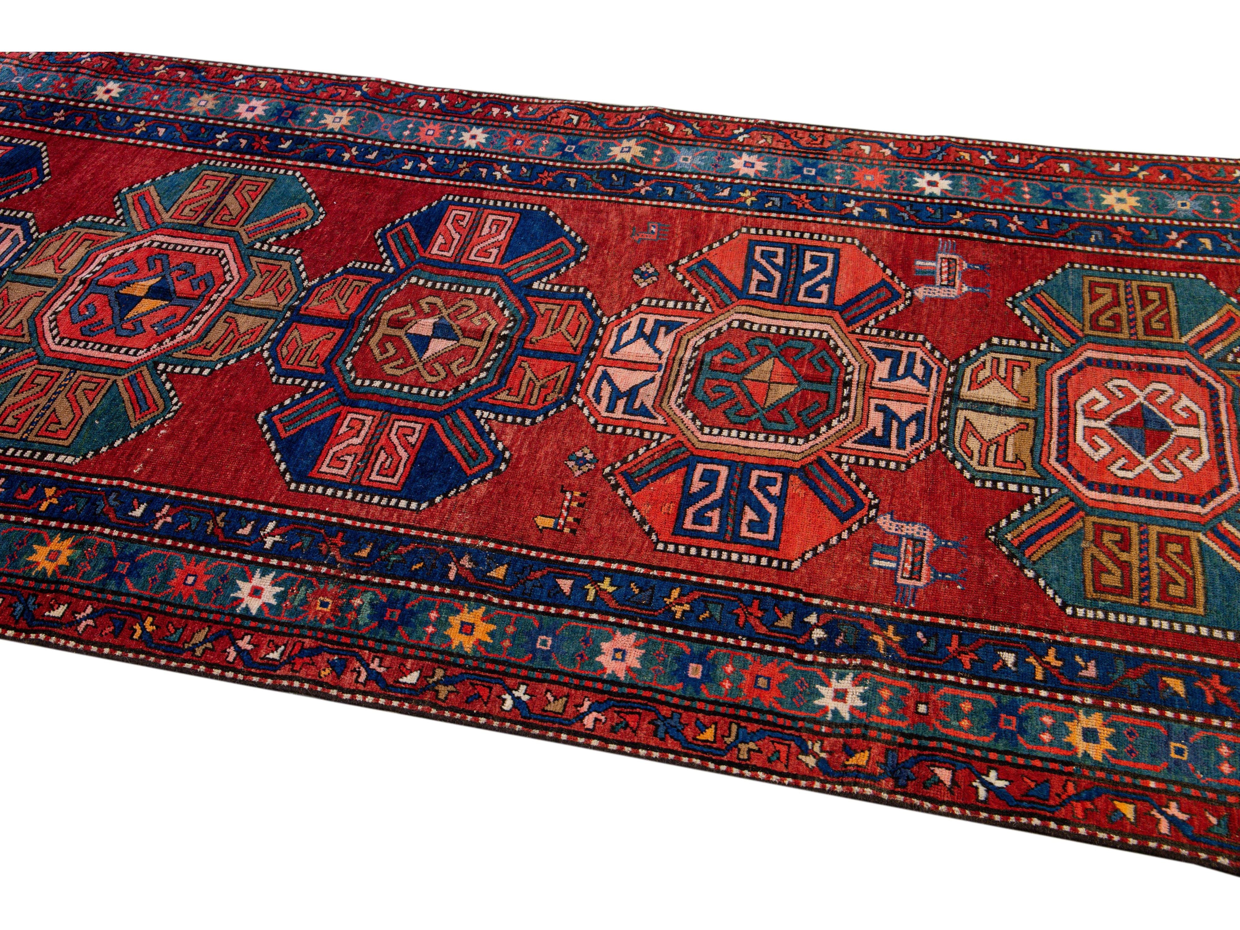 19th Century Kazak Multicolor Tribal Motif Red Wool Runner