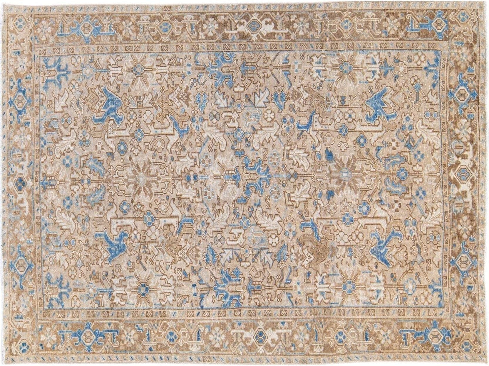 Antique Persian Heriz Handmade Geometric Floral Beige and Blue Wool Rug