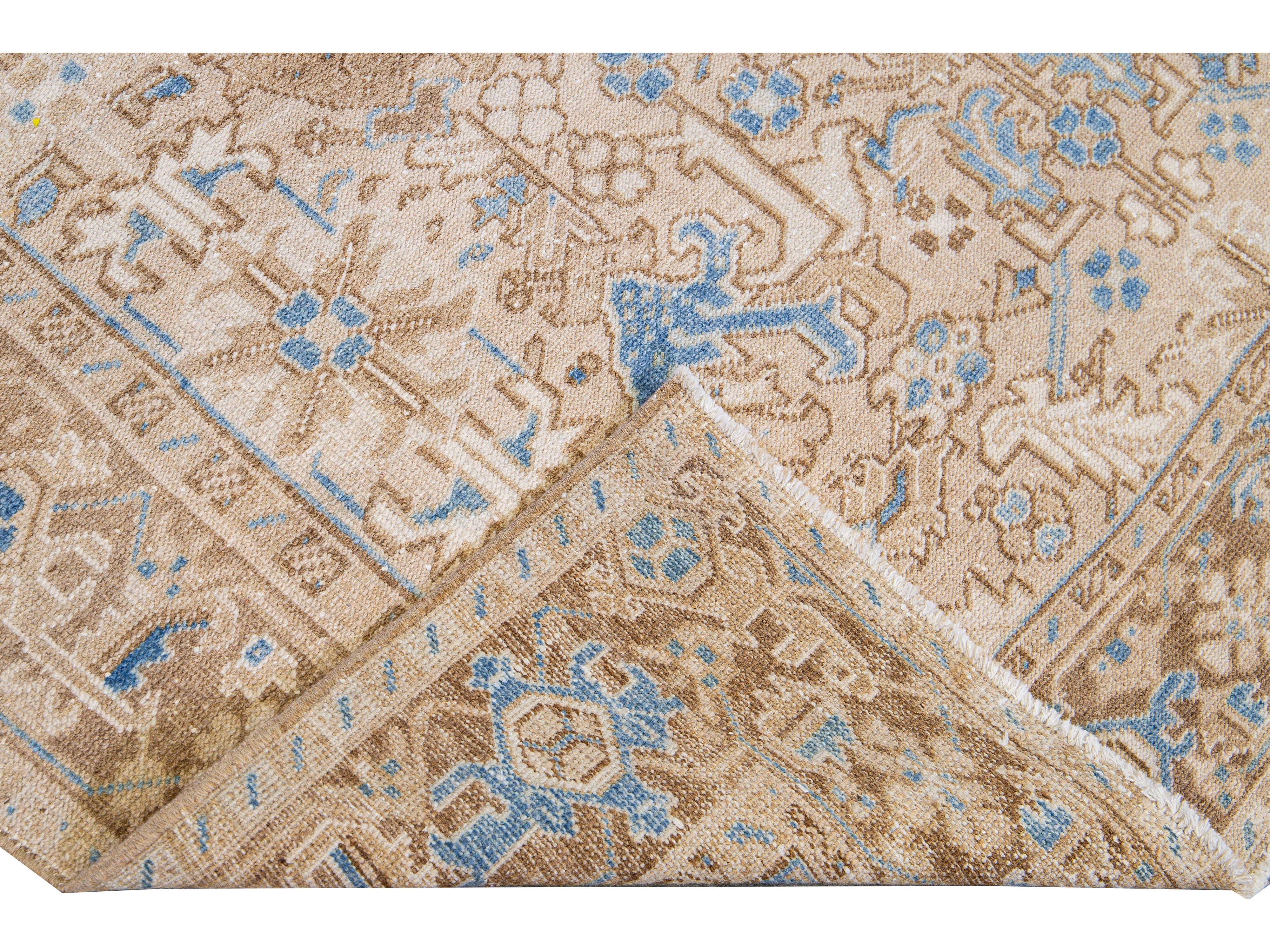 Antique Persian Heriz Handmade Geometric Floral Beige and Blue Wool Rug