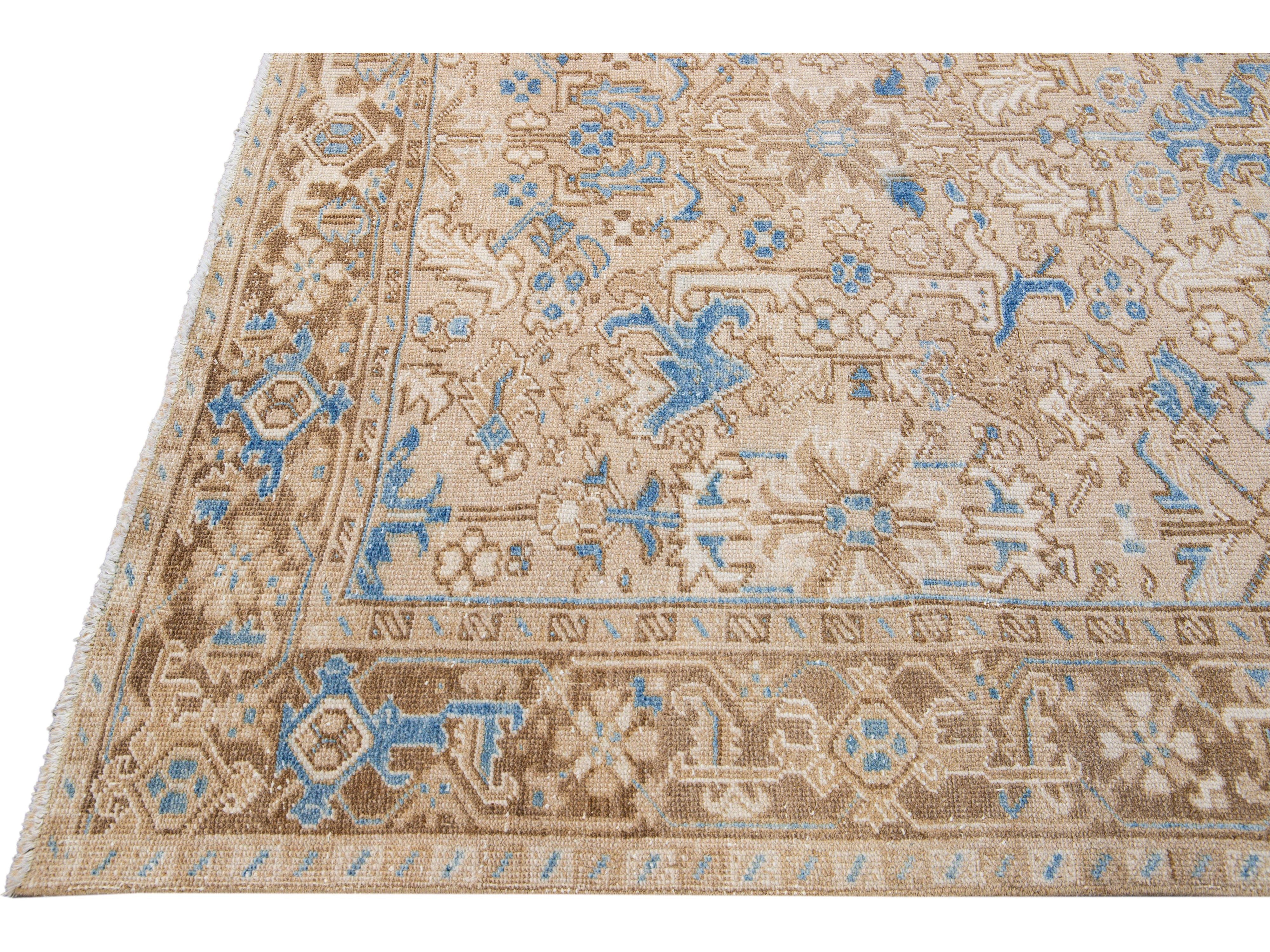 Antique Persian Heriz Handmade Geometric Floral Beige and Blue Wool Rug