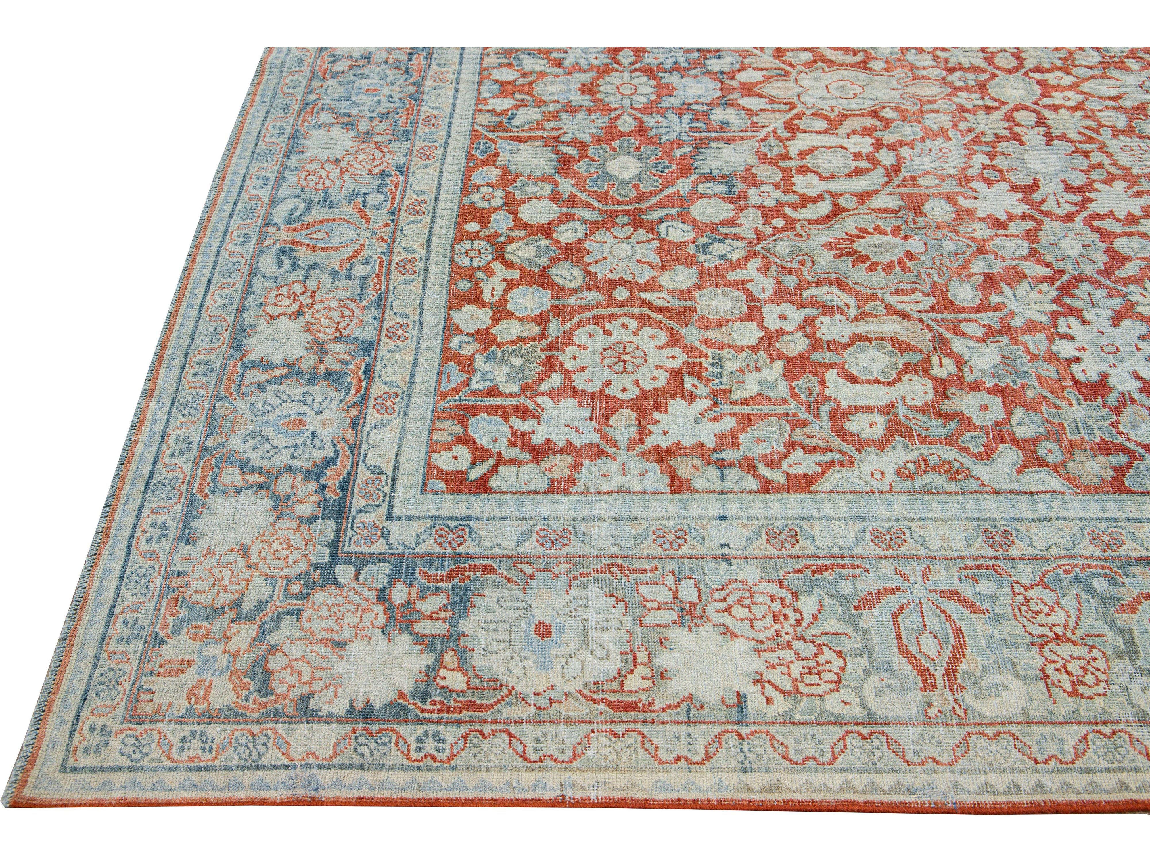 Antique Mahal Handmade Floral Motif Red Wool Rug