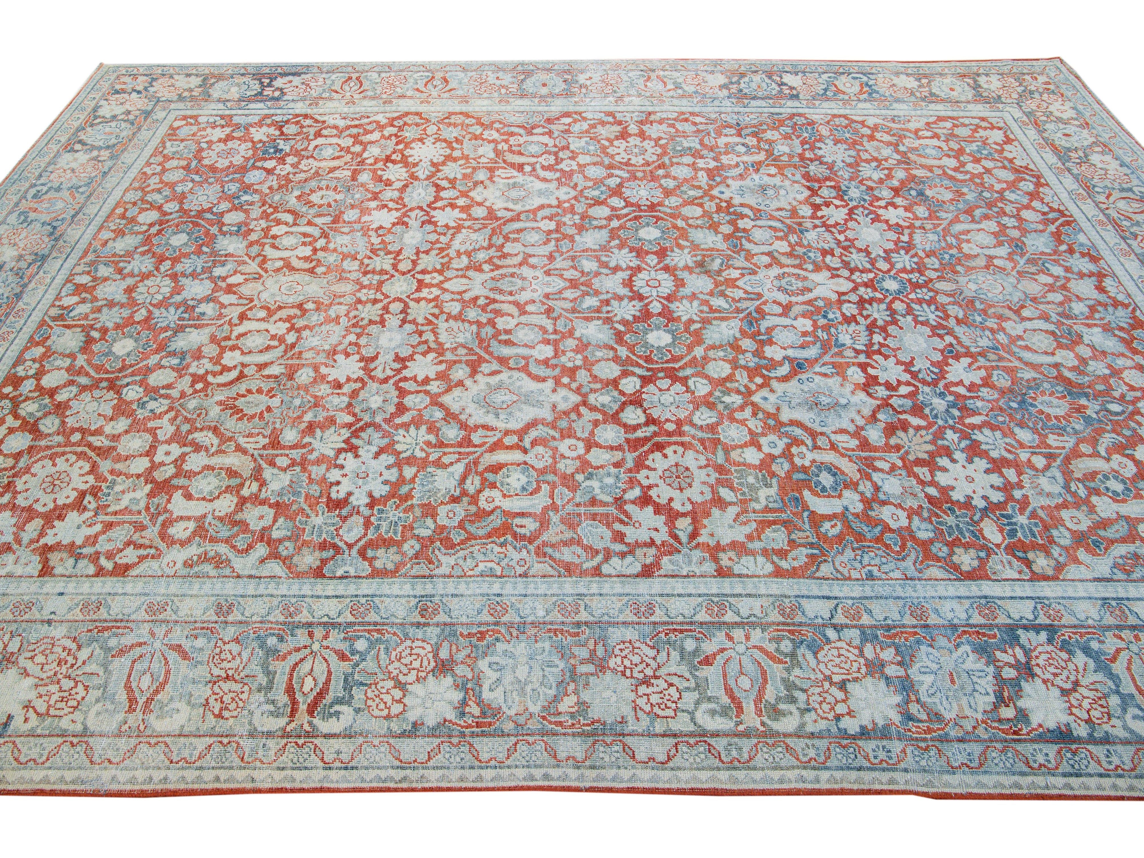 Antique Mahal Handmade Floral Motif Red Wool Rug