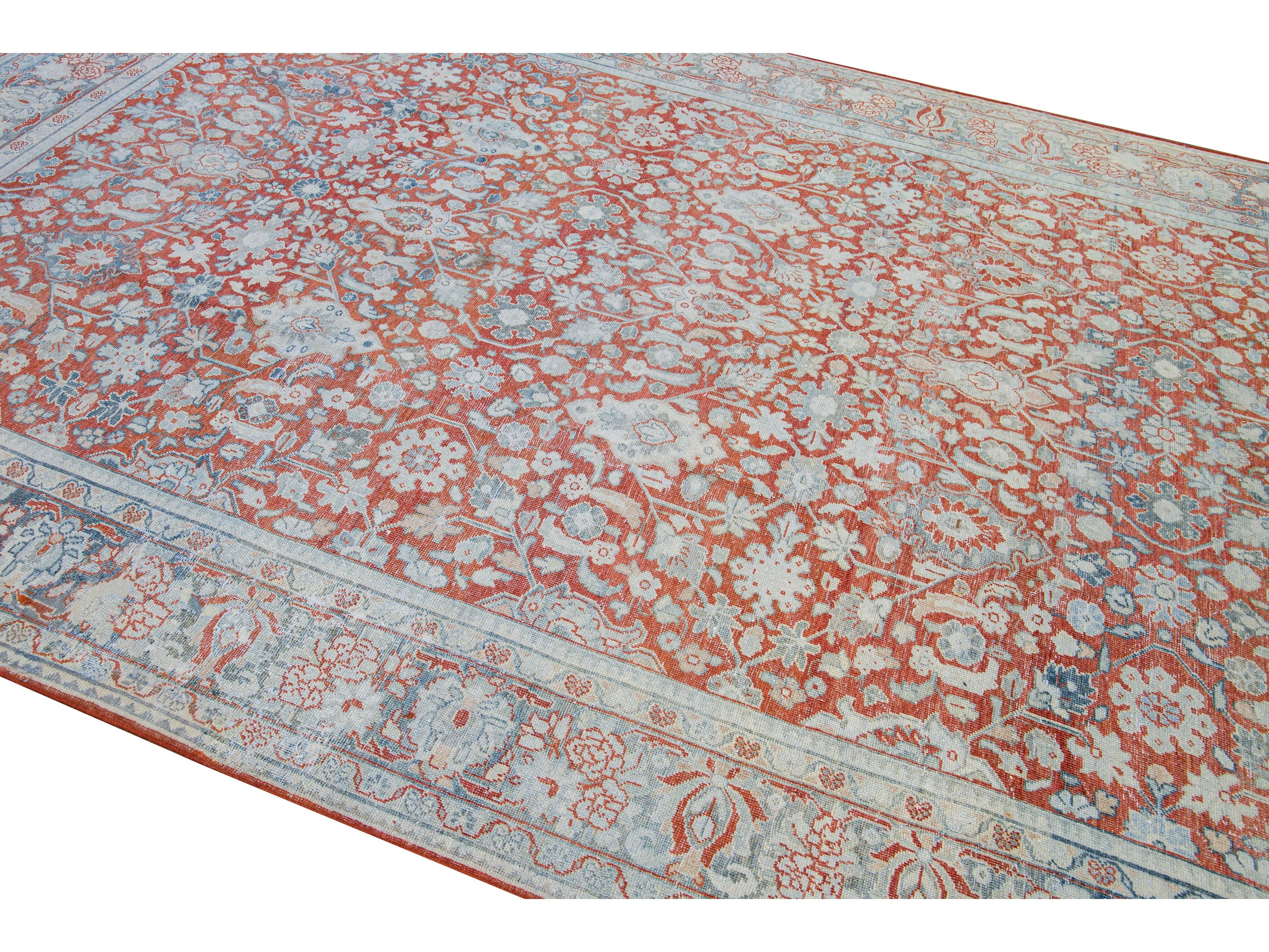 Antique Mahal Handmade Floral Motif Red Wool Rug