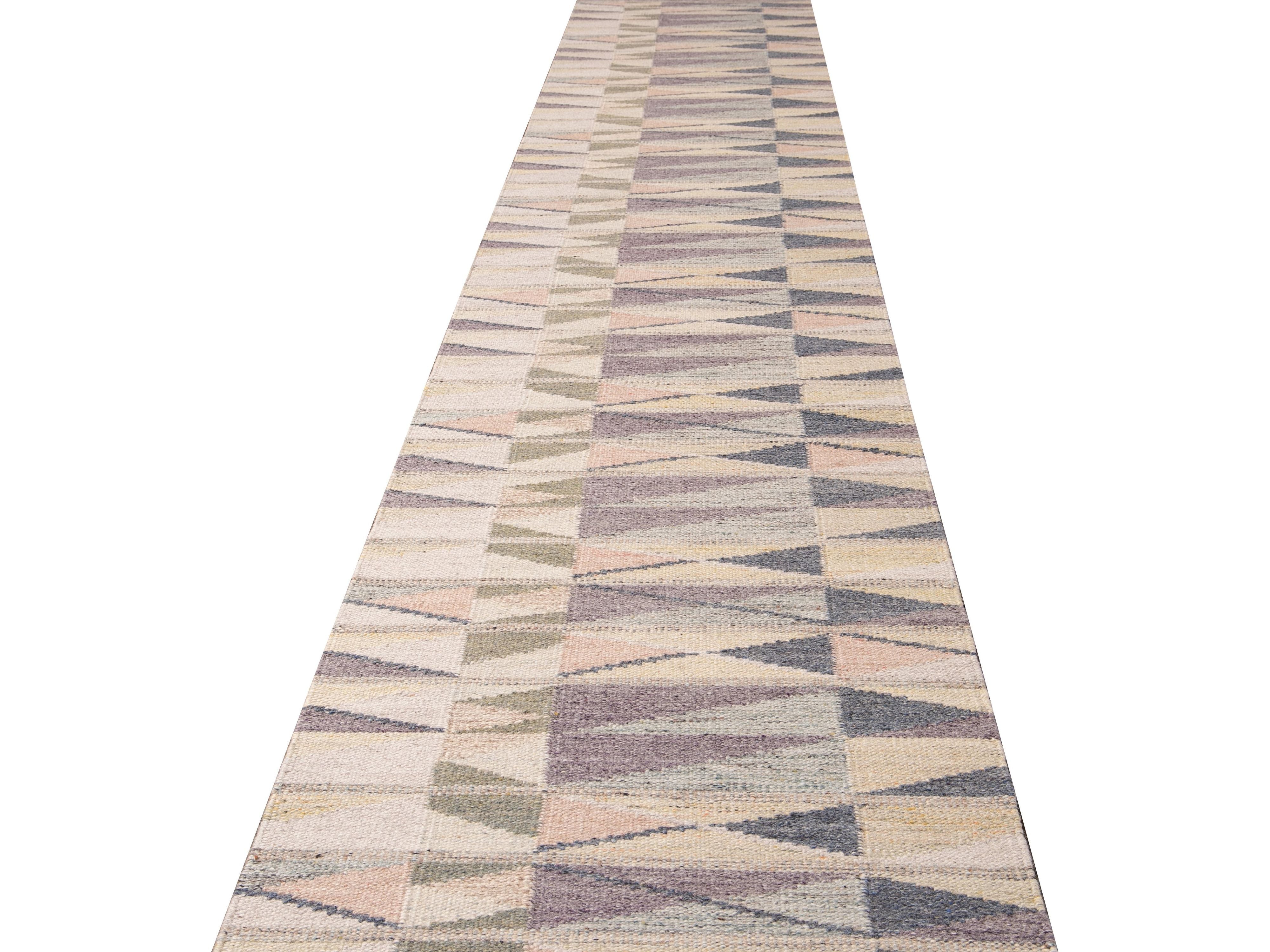 Modern Swedish Style Handmade Beige Geometric Abstract Long Wool Runner