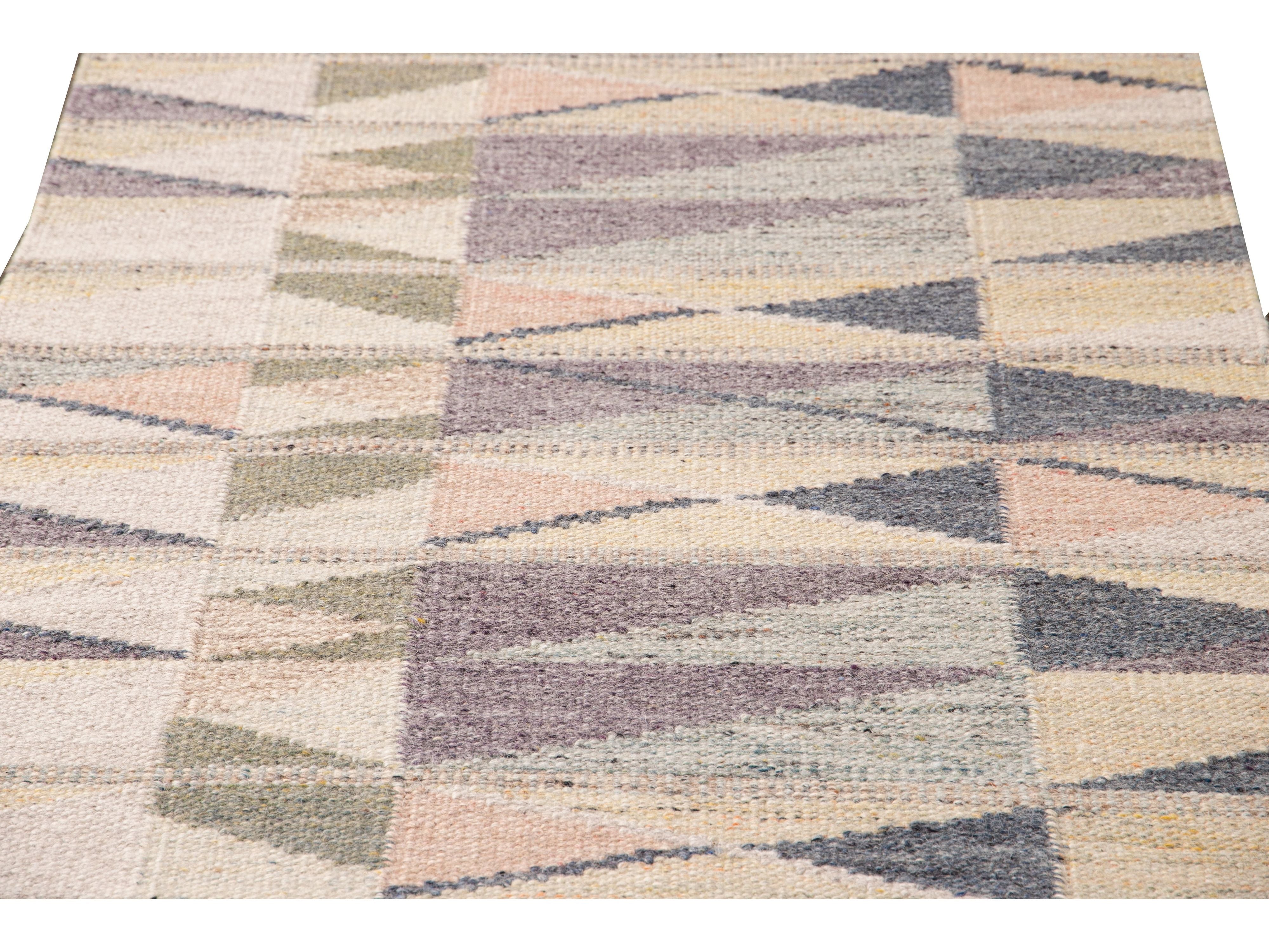 Modern Swedish Style Handmade Beige Geometric Abstract Long Wool Runner