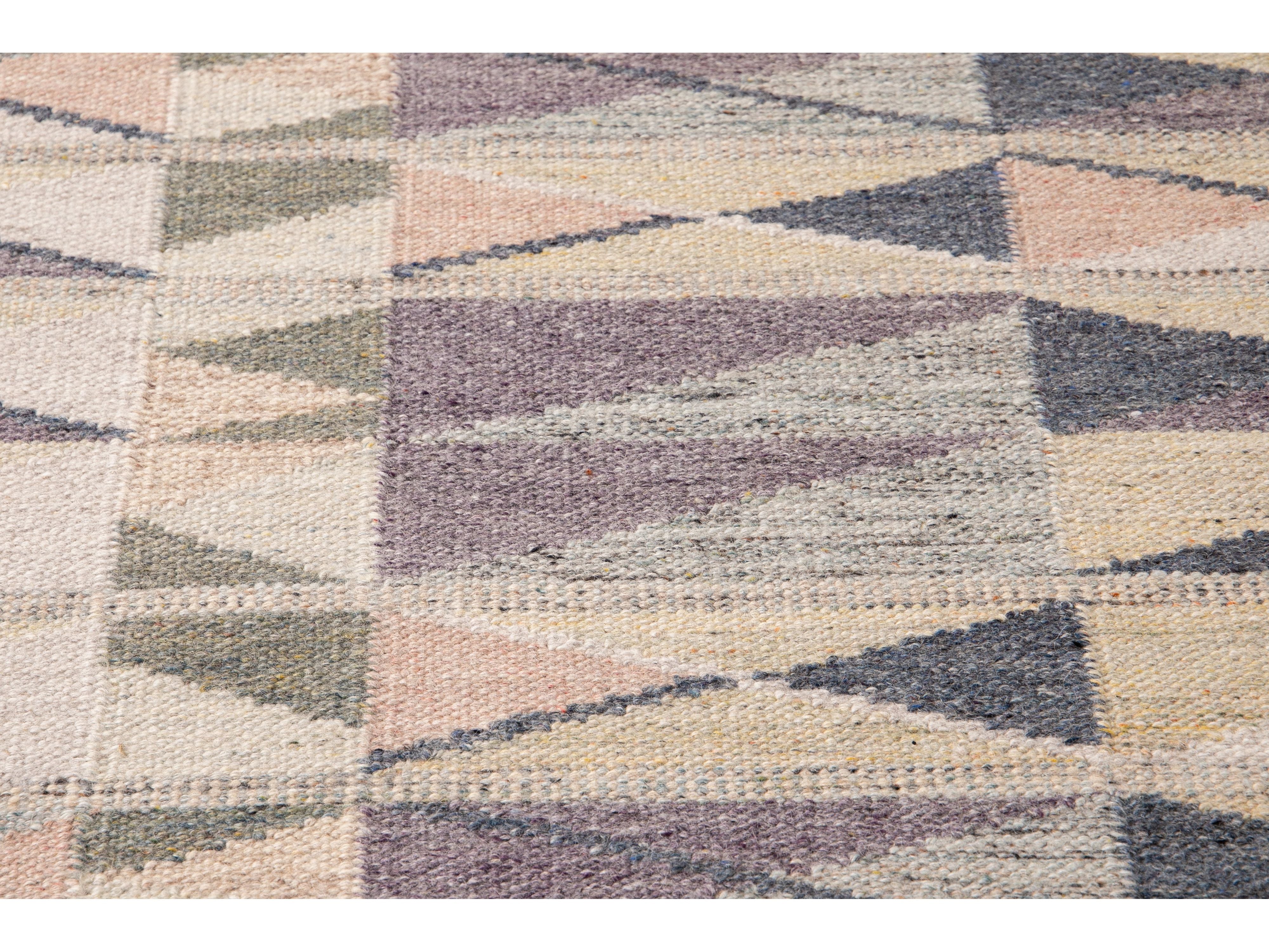Modern Swedish Style Handmade Beige Geometric Abstract Long Wool Runner