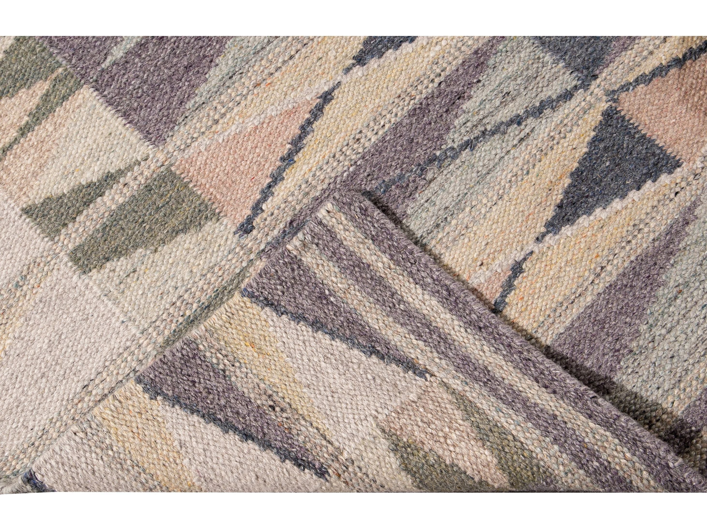 Modern Swedish Style Handmade Beige Geometric Abstract Long Wool Runner