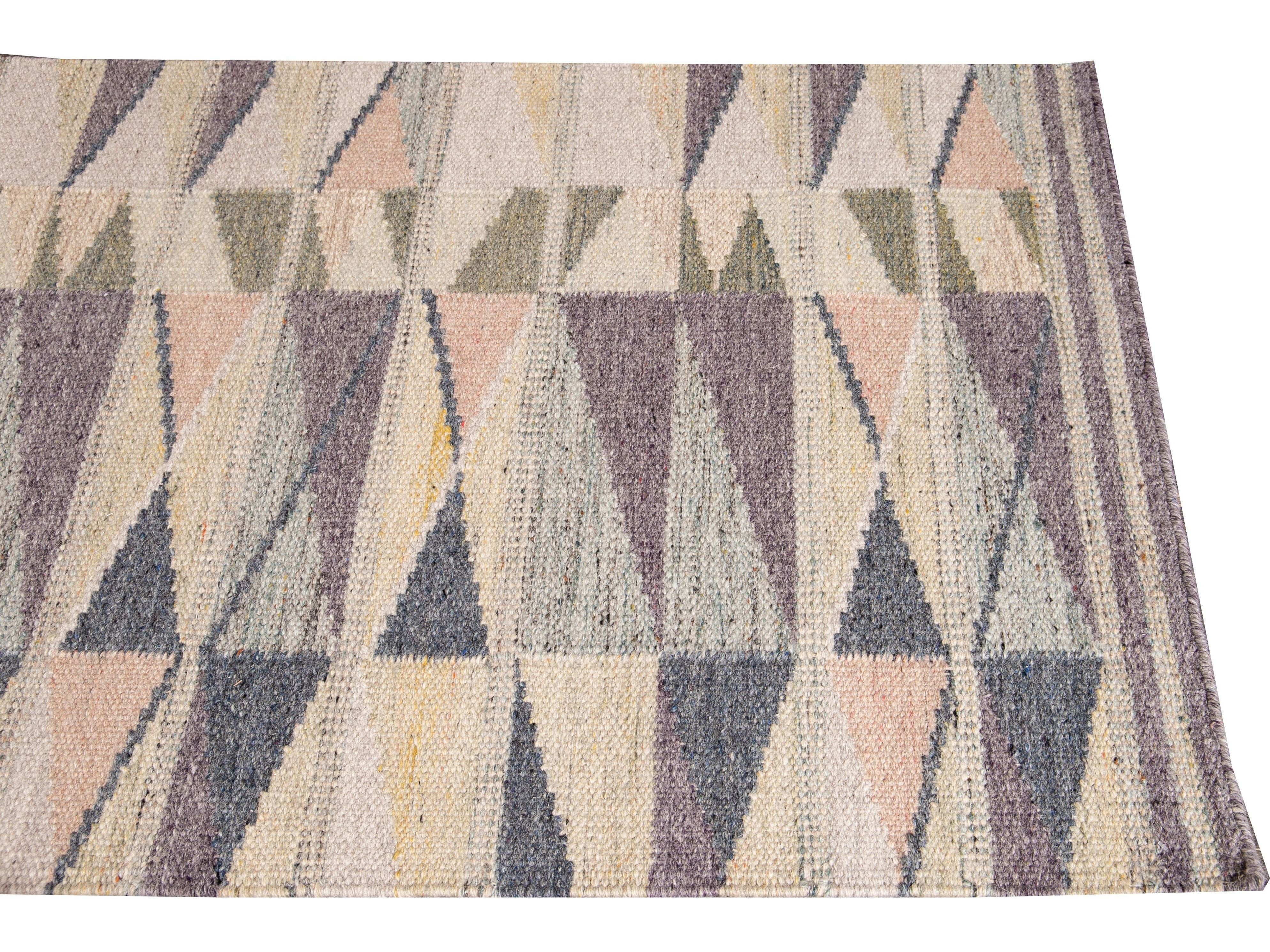 Modern Swedish Style Handmade Beige Geometric Abstract Long Wool Runner
