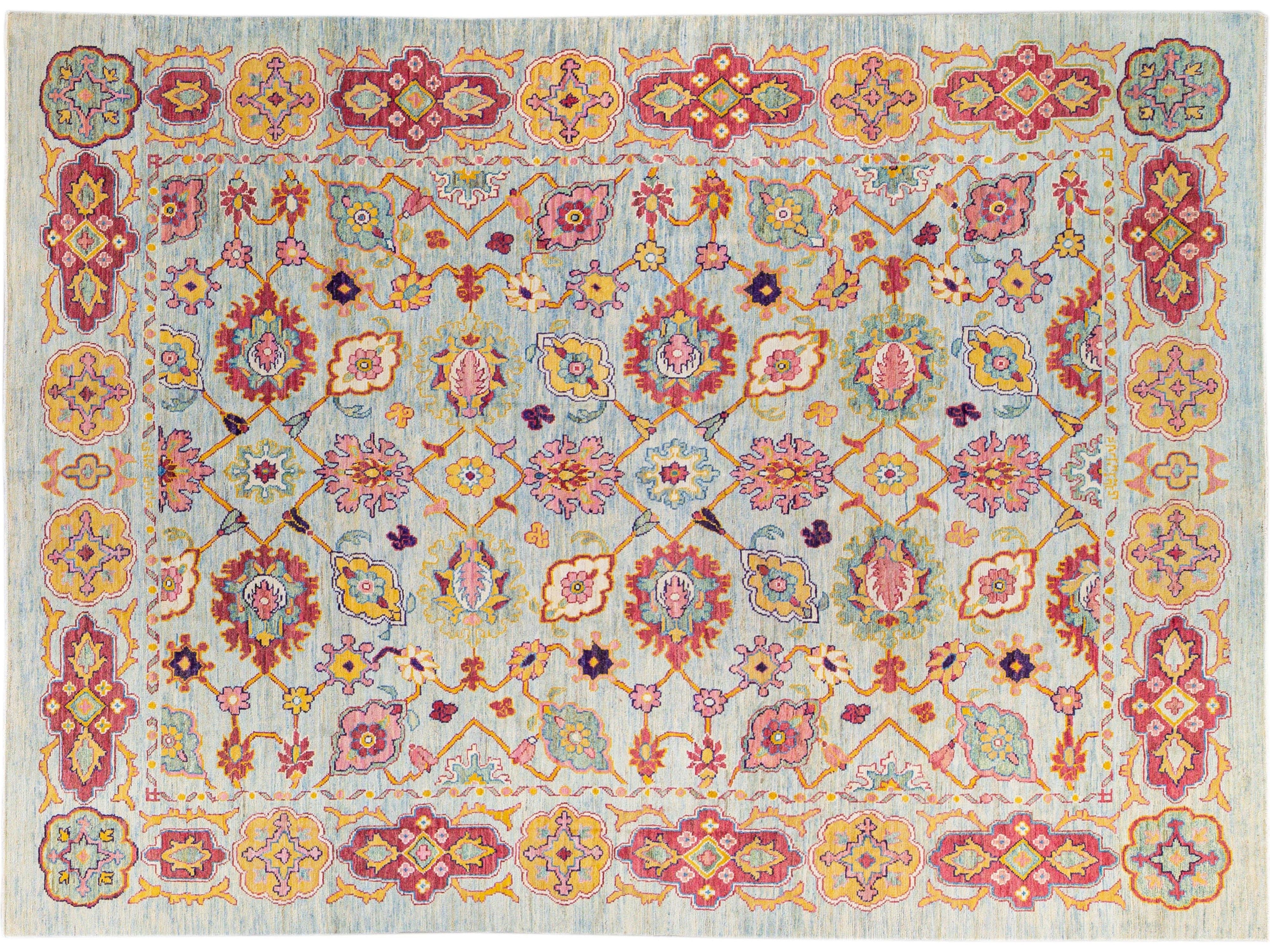 Modern Oushak Handmade Geometric Floral Blue Oversize Wool Rug