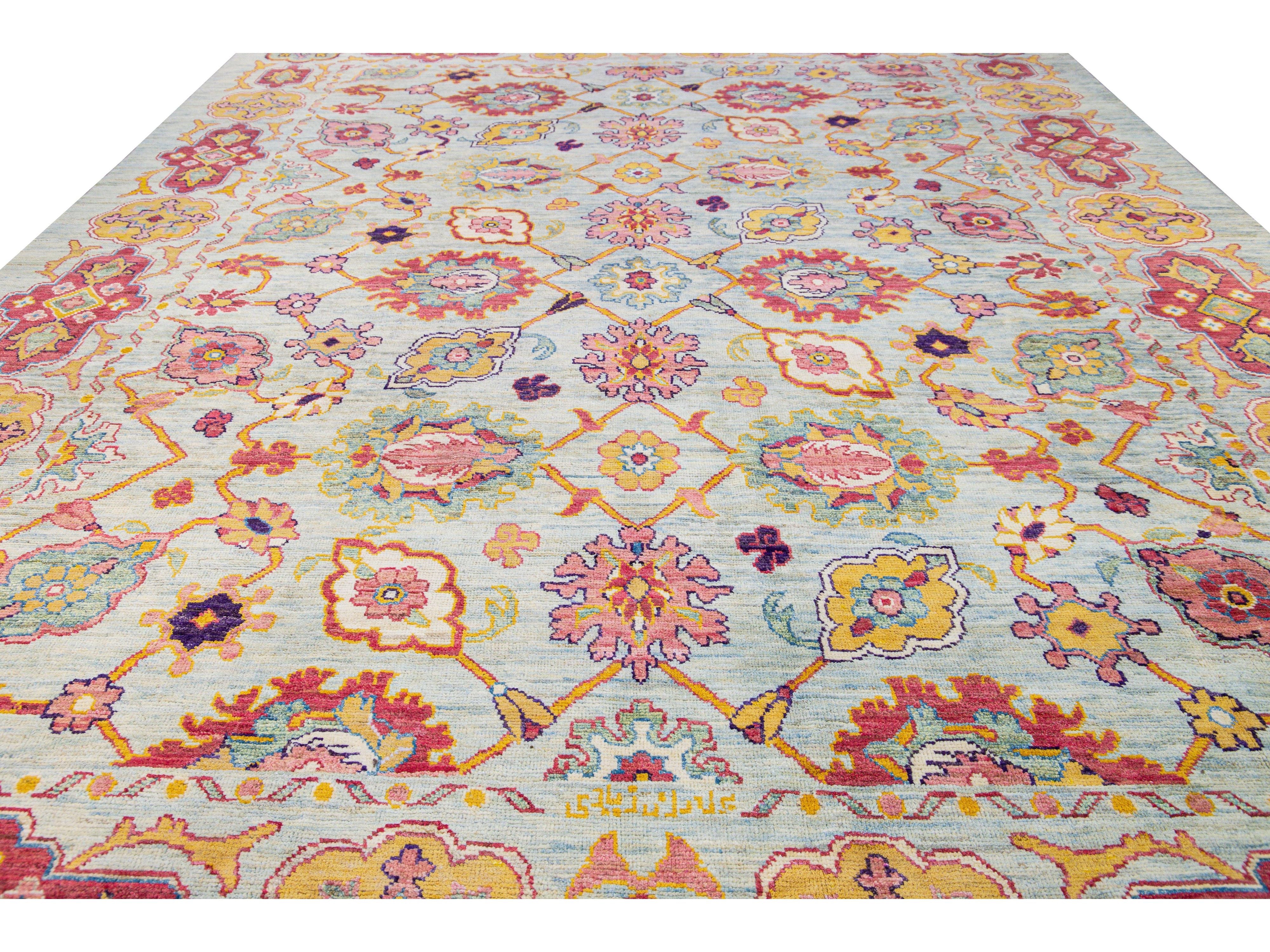 Modern Oushak Handmade Geometric Floral Blue Oversize Wool Rug