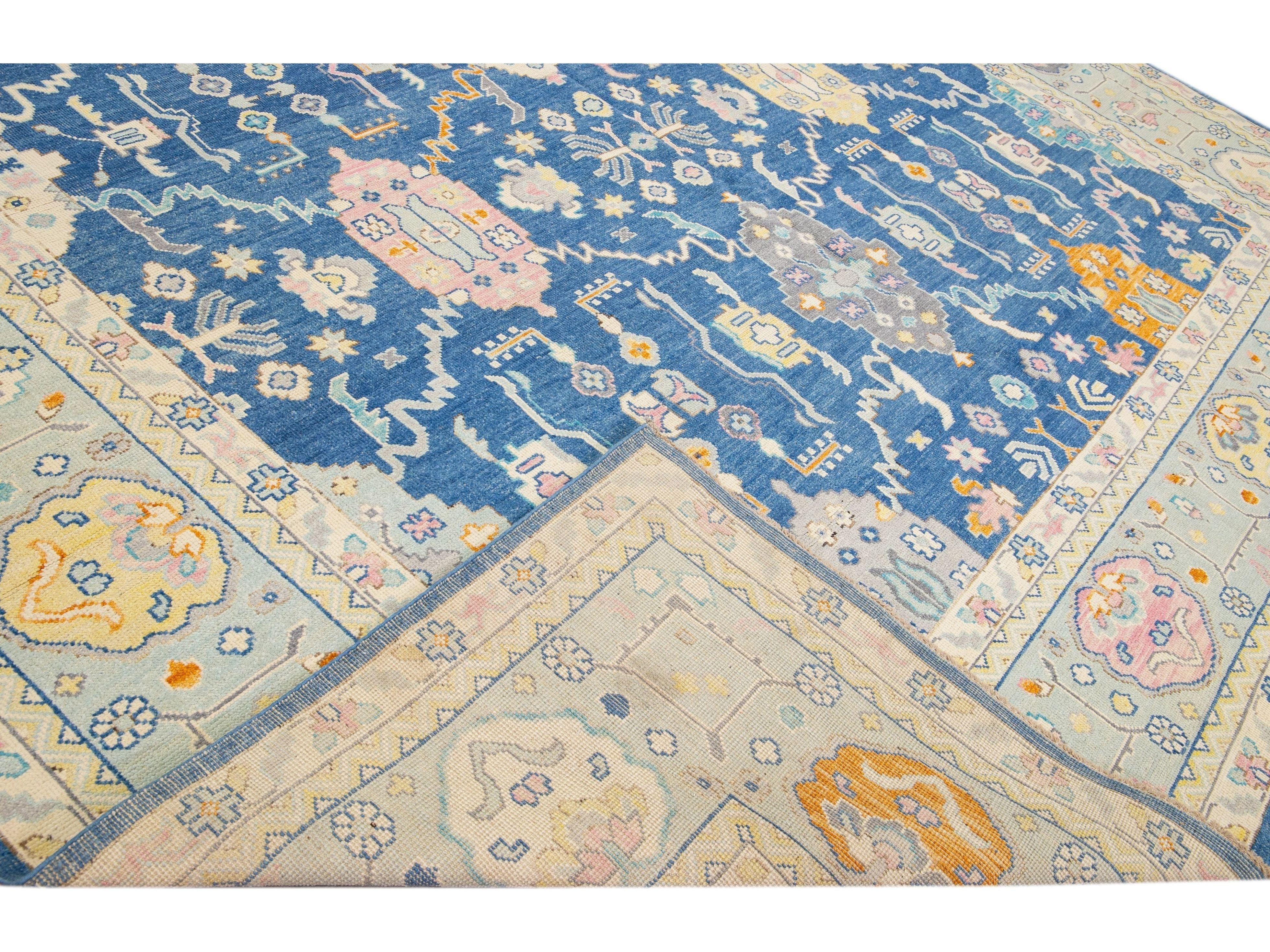 Blue Modern Oushak Handmade Multicolor Floral Motif Oversize Wool Rug