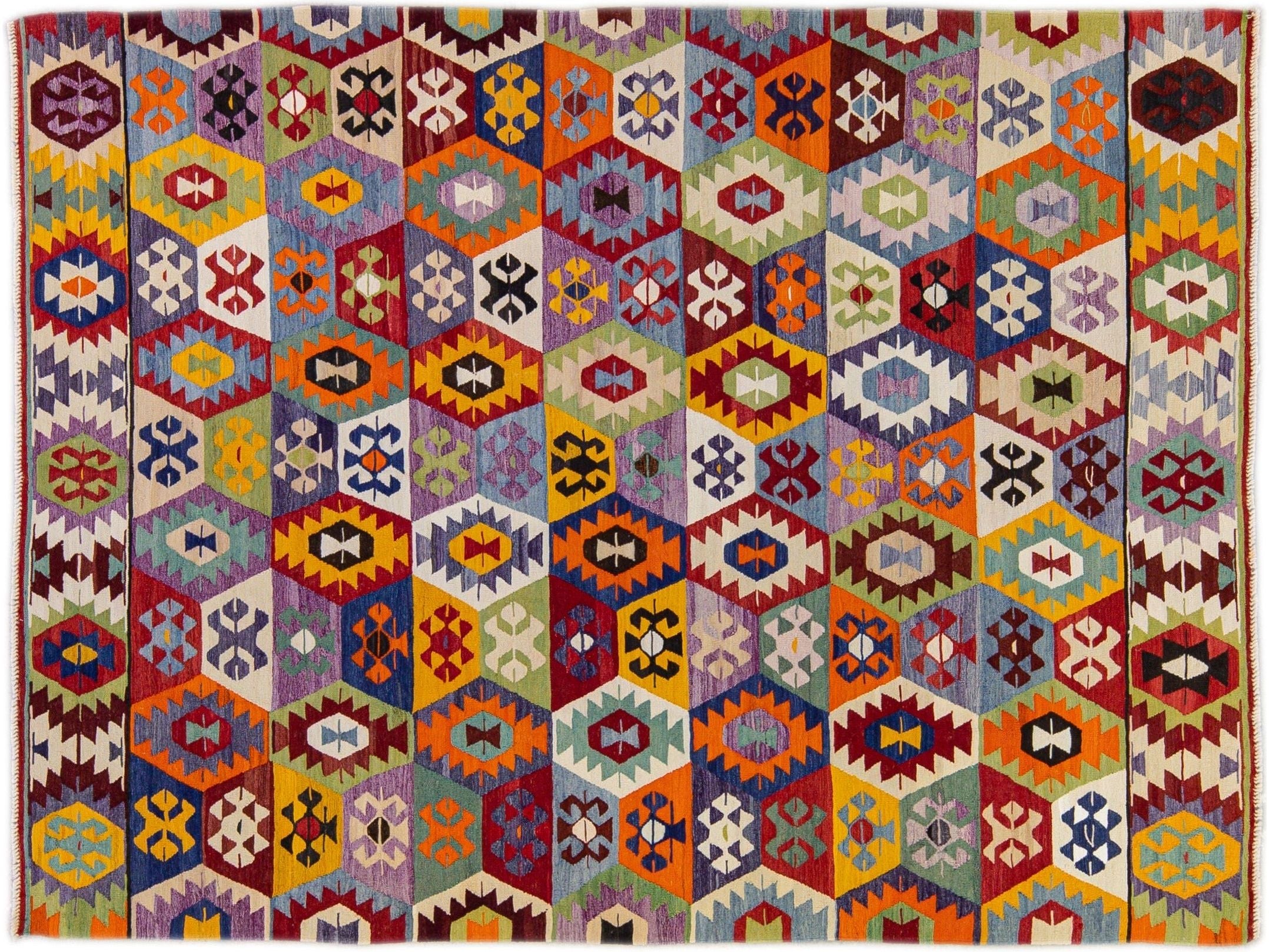 Vintage Turkish Kilim Flatweave Multicolor Geometric Designed Wool Rug