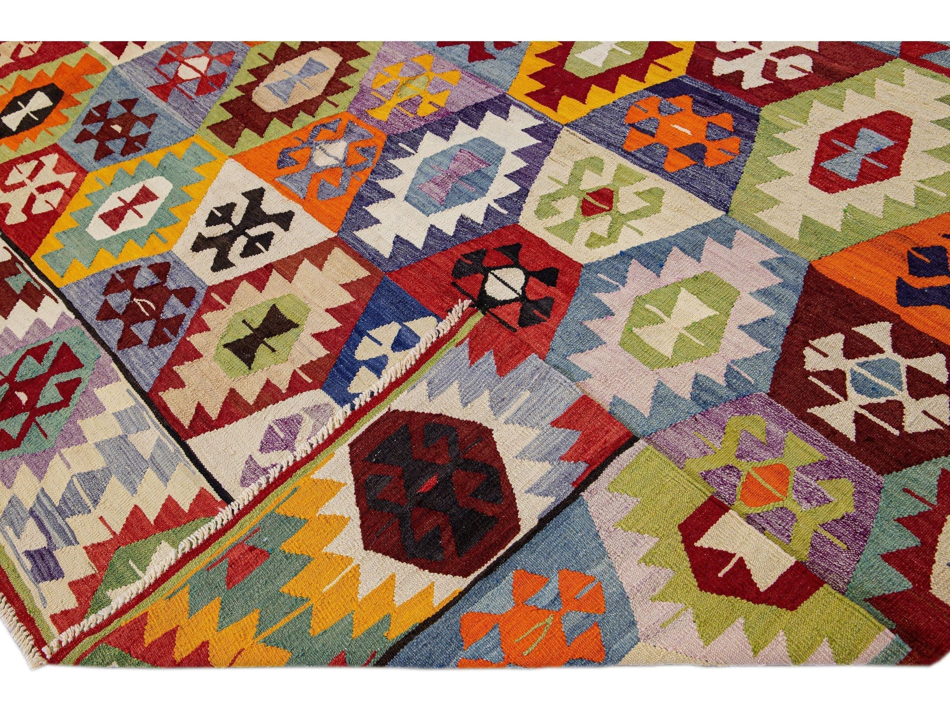 Vintage Turkish Kilim Flatweave Multicolor Geometric Designed Wool Rug