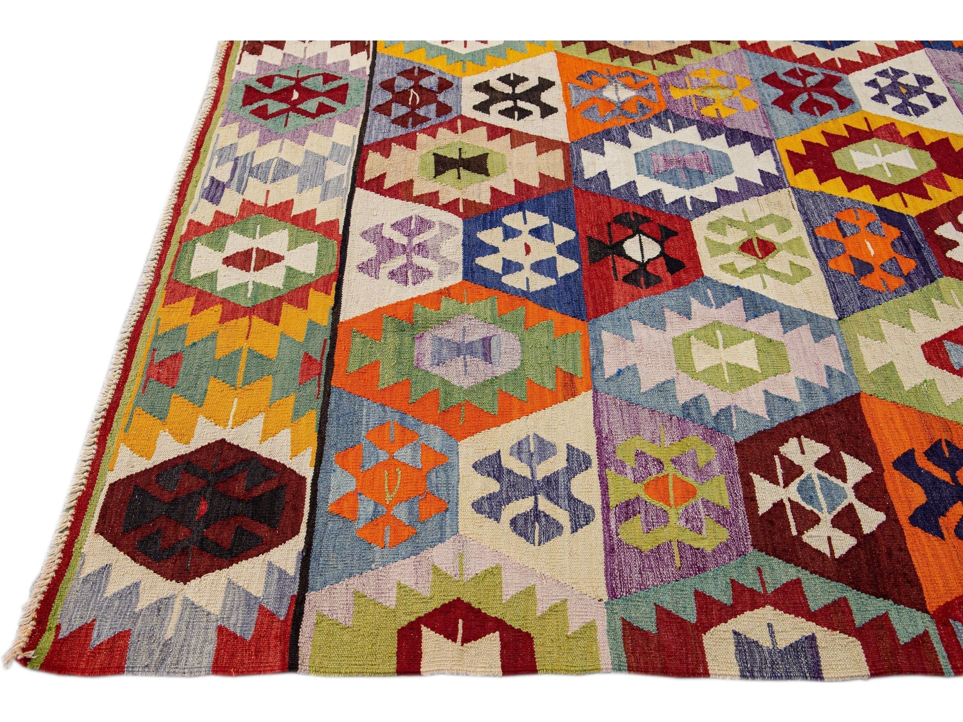 Vintage Turkish Kilim Flatweave Multicolor Geometric Designed Wool Rug