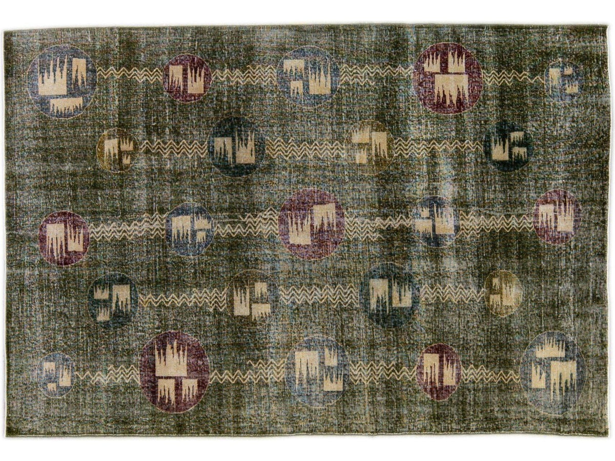 Vintage Turkish Art Deco Wool Rug 7 X 10