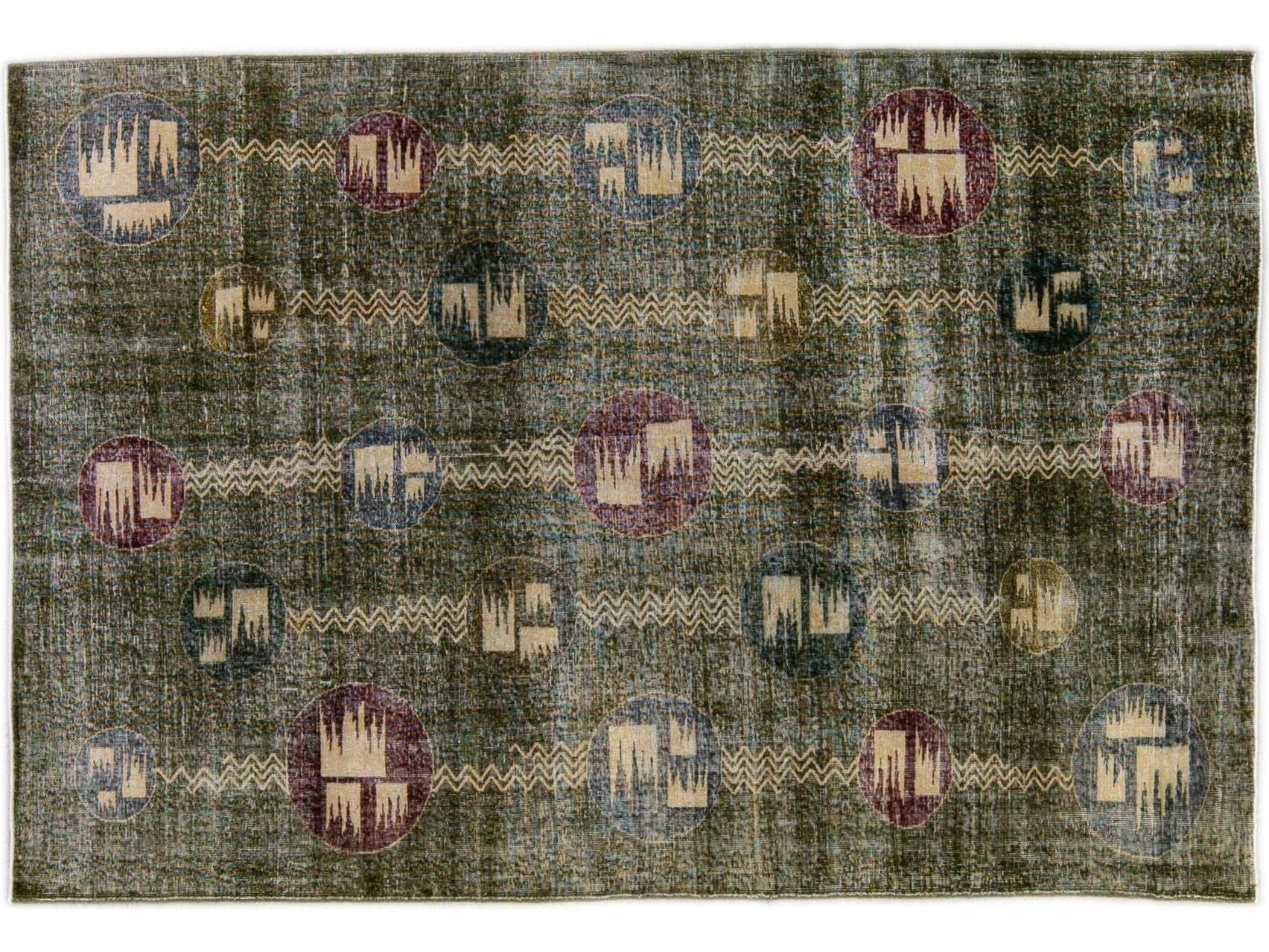 Vintage Turkish Deco Handmade Geometric Pattern Green Wool Rug