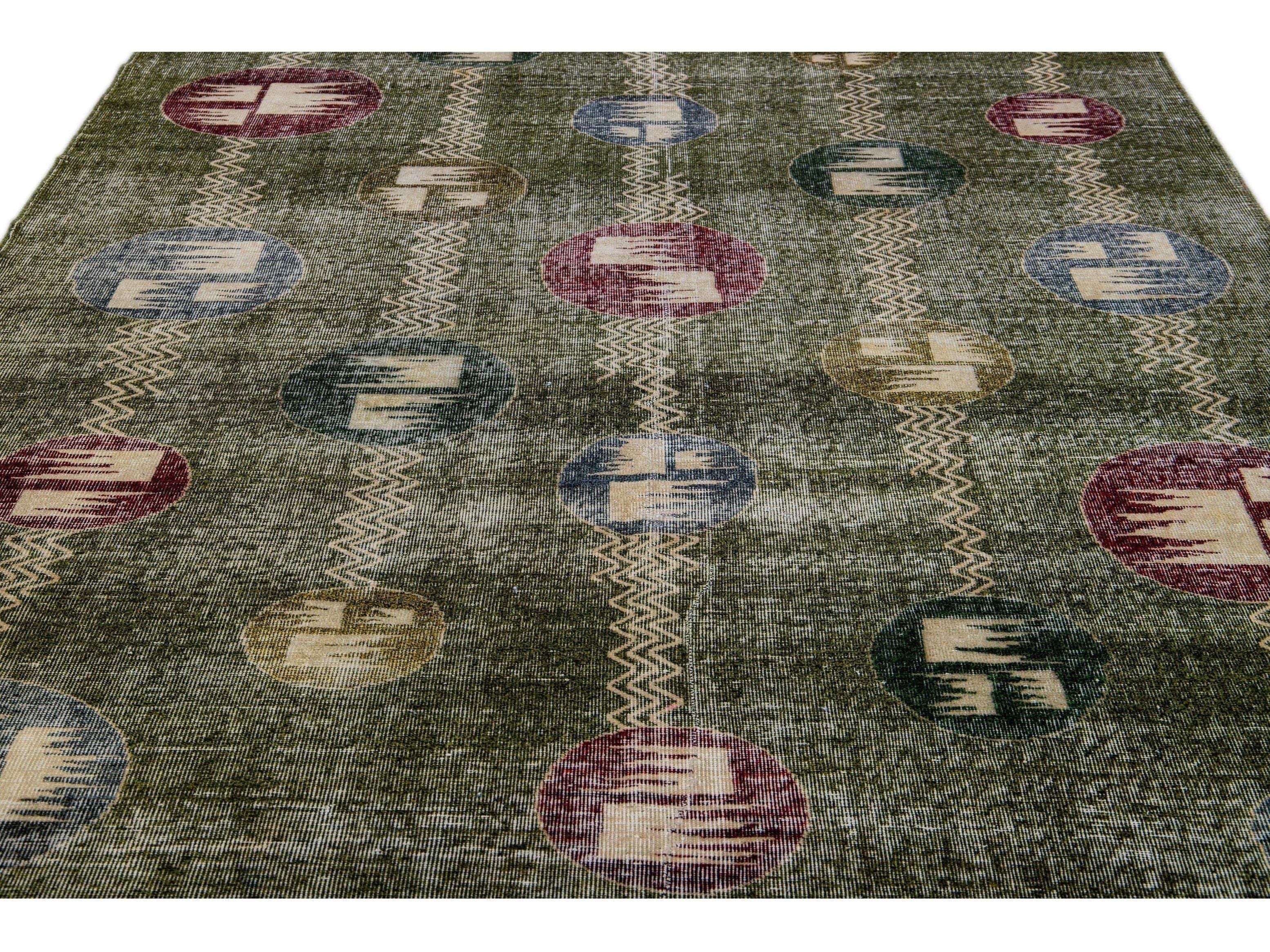 Vintage Turkish Deco Handmade Geometric Pattern Green Wool Rug