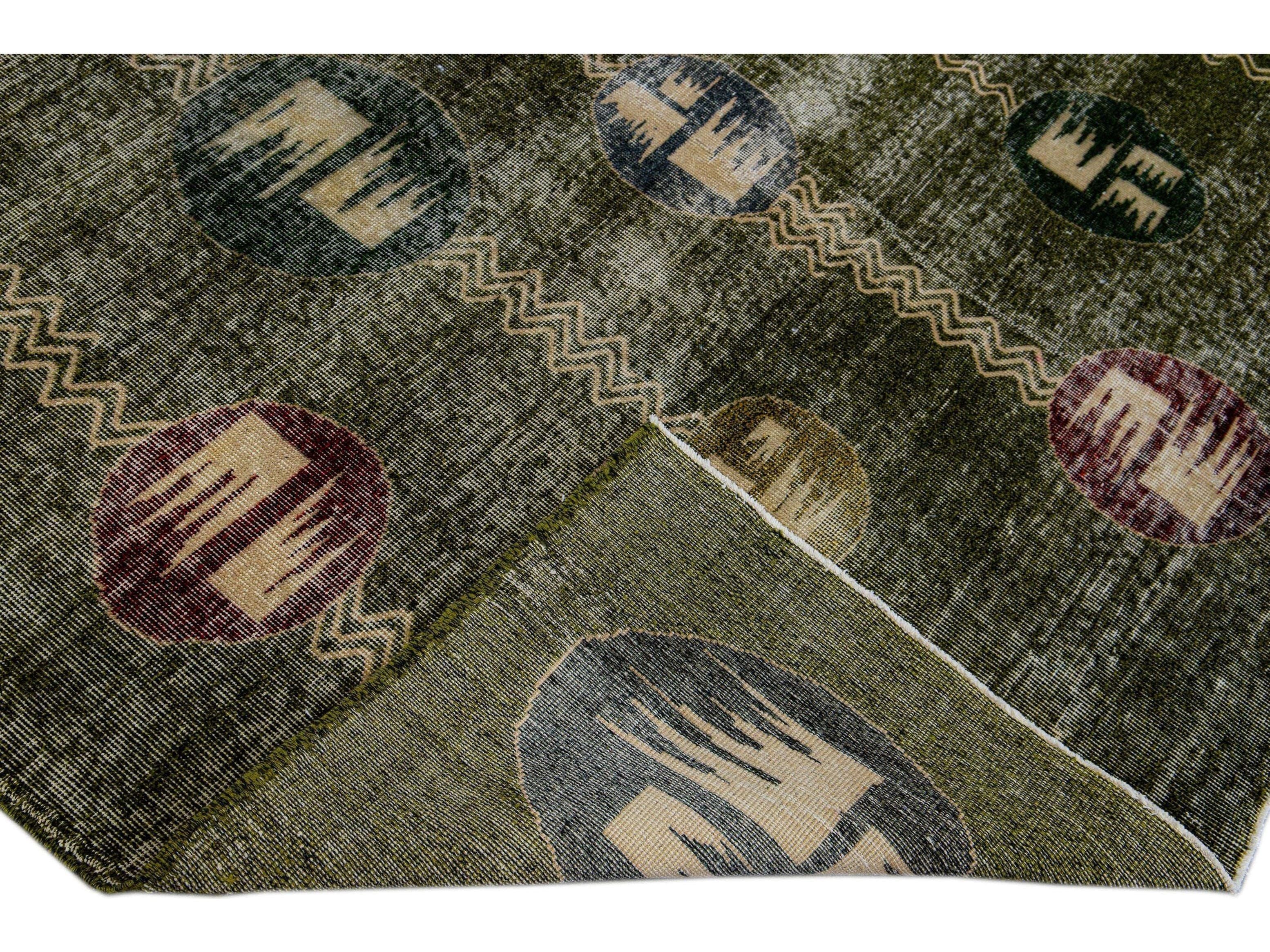 Vintage Turkish Deco Handmade Geometric Pattern Green Wool Rug