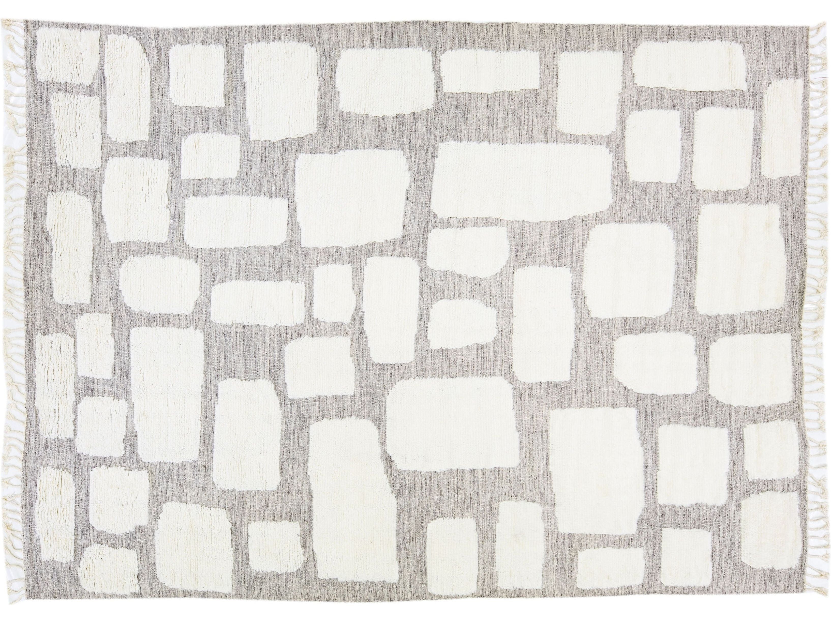 Grey Modern Moroccan Style Handmade Ivory Designed Wool Rug by Apadana