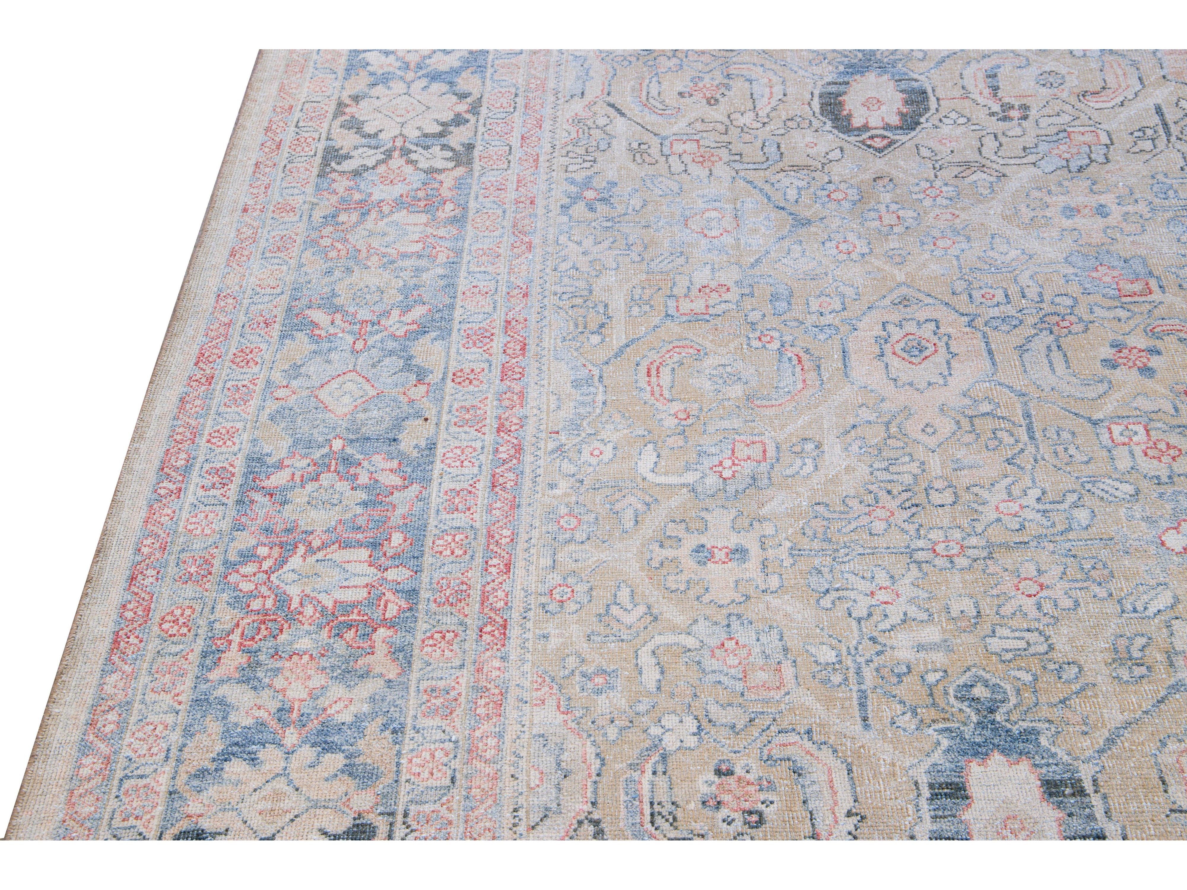 Antique Mahal Handmade Floral Designed Beige Wool Rug