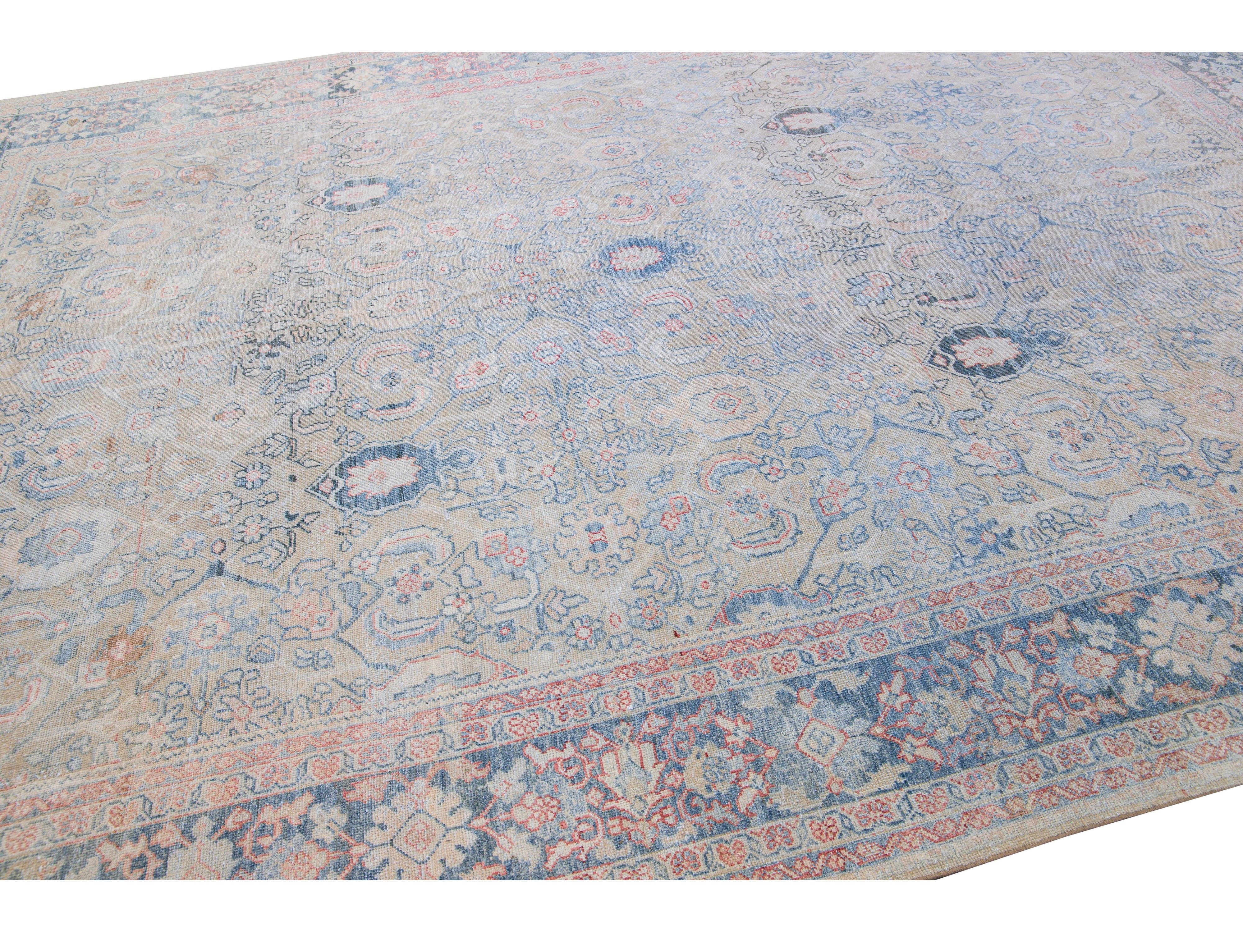 Antique Mahal Handmade Floral Designed Beige Wool Rug