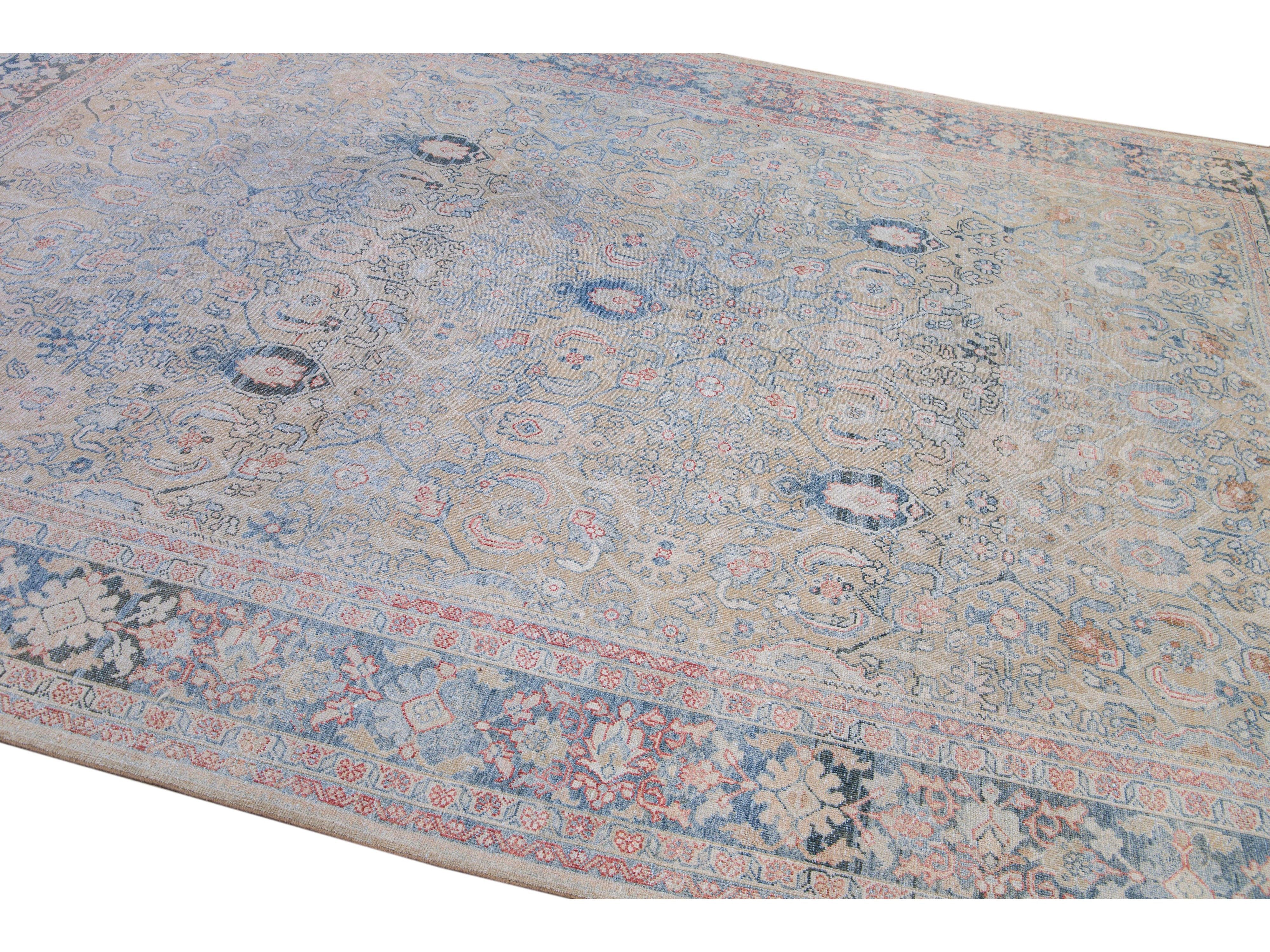 Antique Mahal Handmade Floral Designed Beige Wool Rug