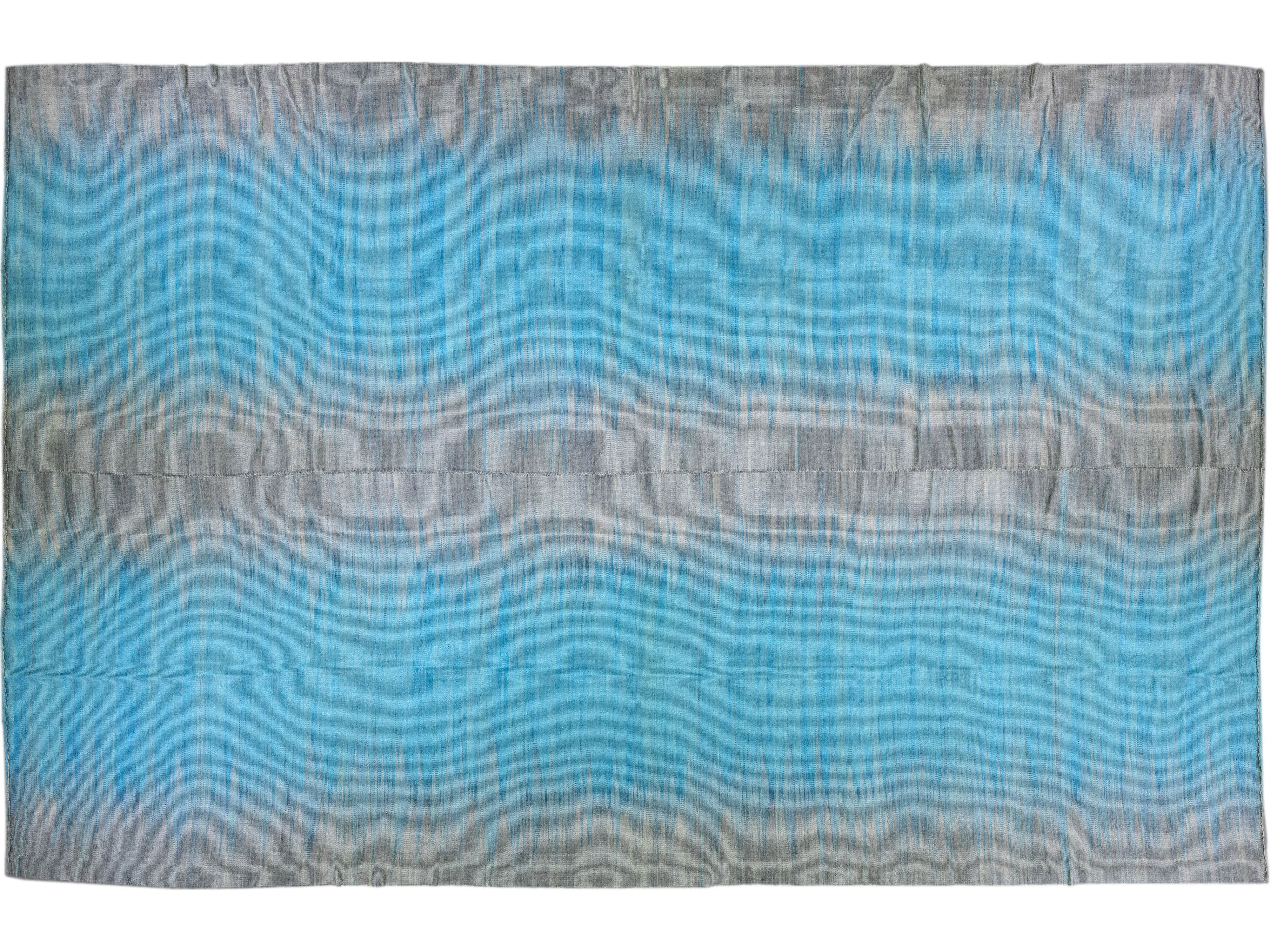Modern Kilim Flatweave Blue and Gray Abstract Motif Oversize Wool Rug
