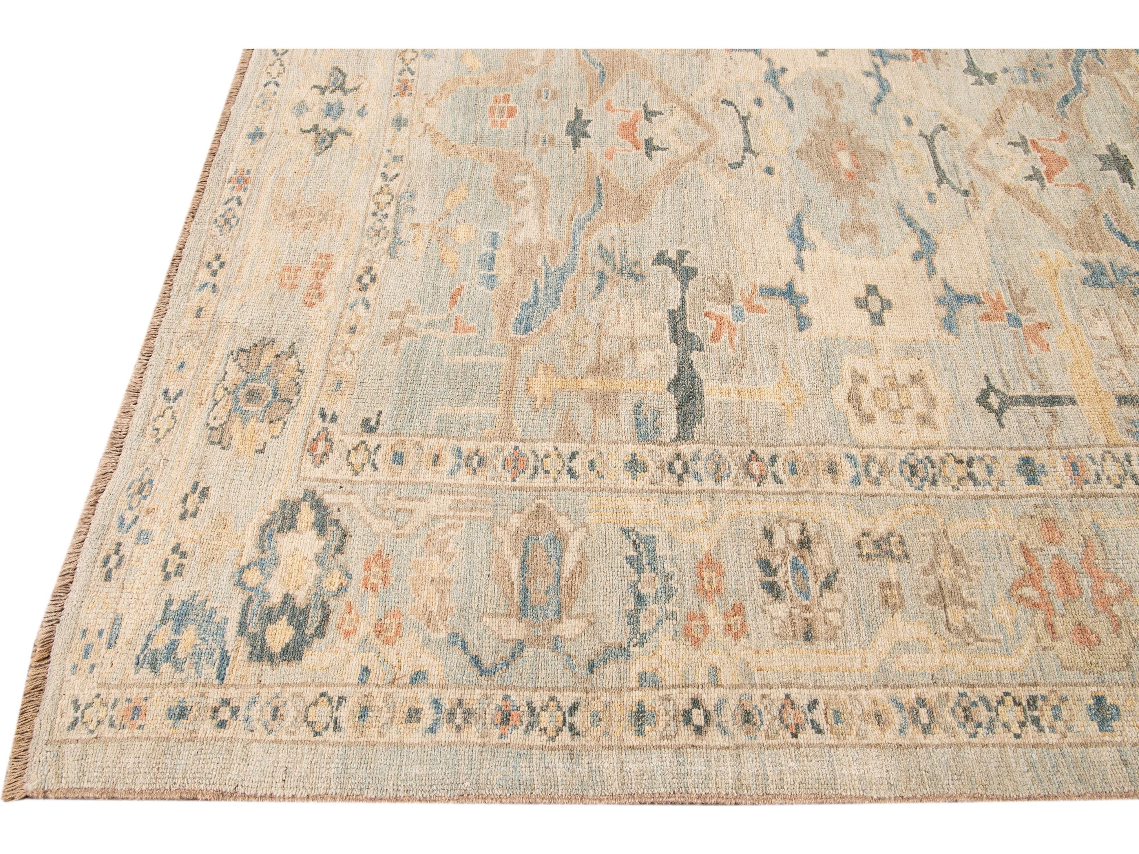 Modern Sultanabad Handmade Floral Blue Wool Rug