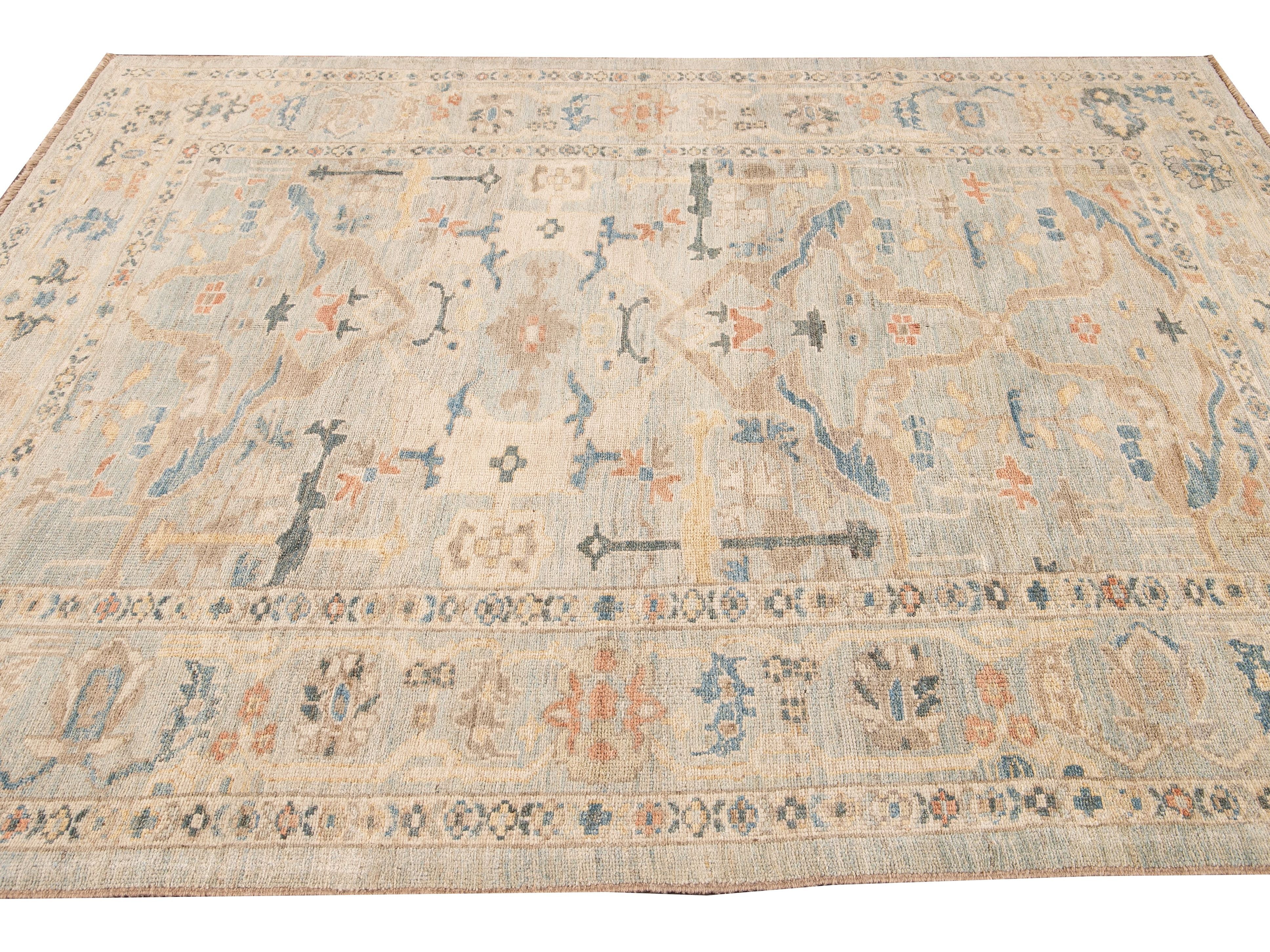 Modern Sultanabad Handmade Floral Blue Wool Rug