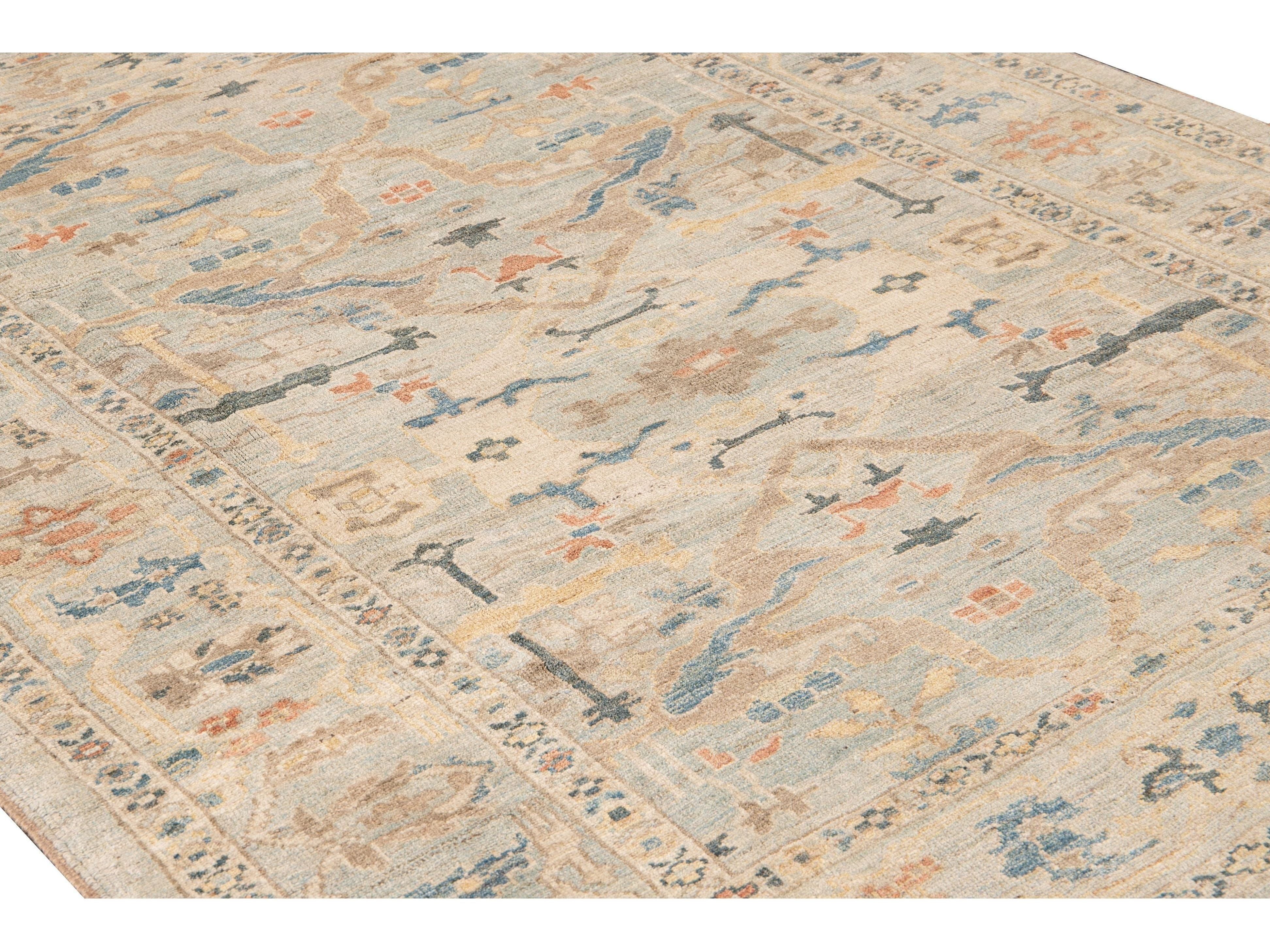 Modern Sultanabad Handmade Floral Blue Wool Rug