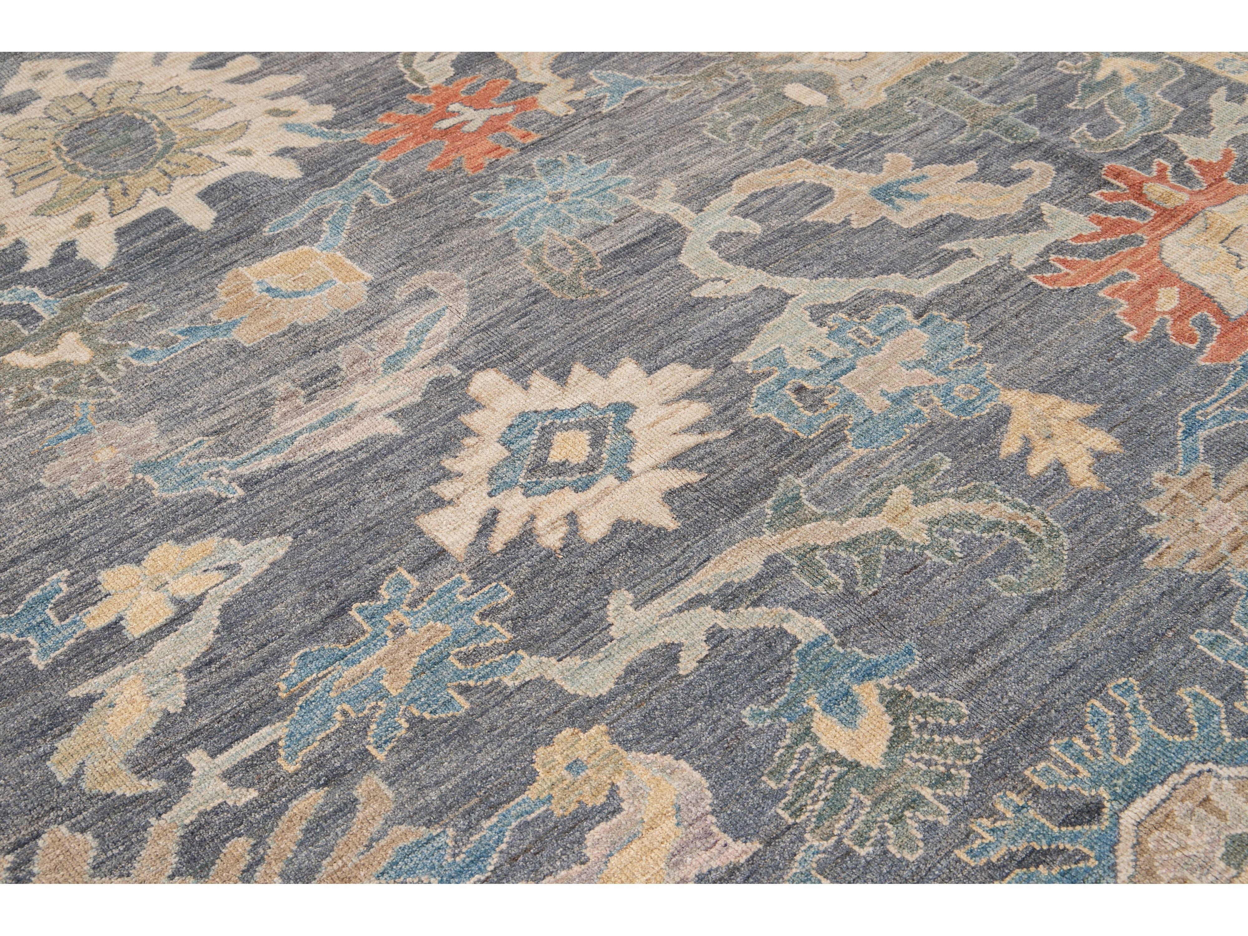 Modern Sultanabad Gray Handmade Geometric Floral Wool Rug