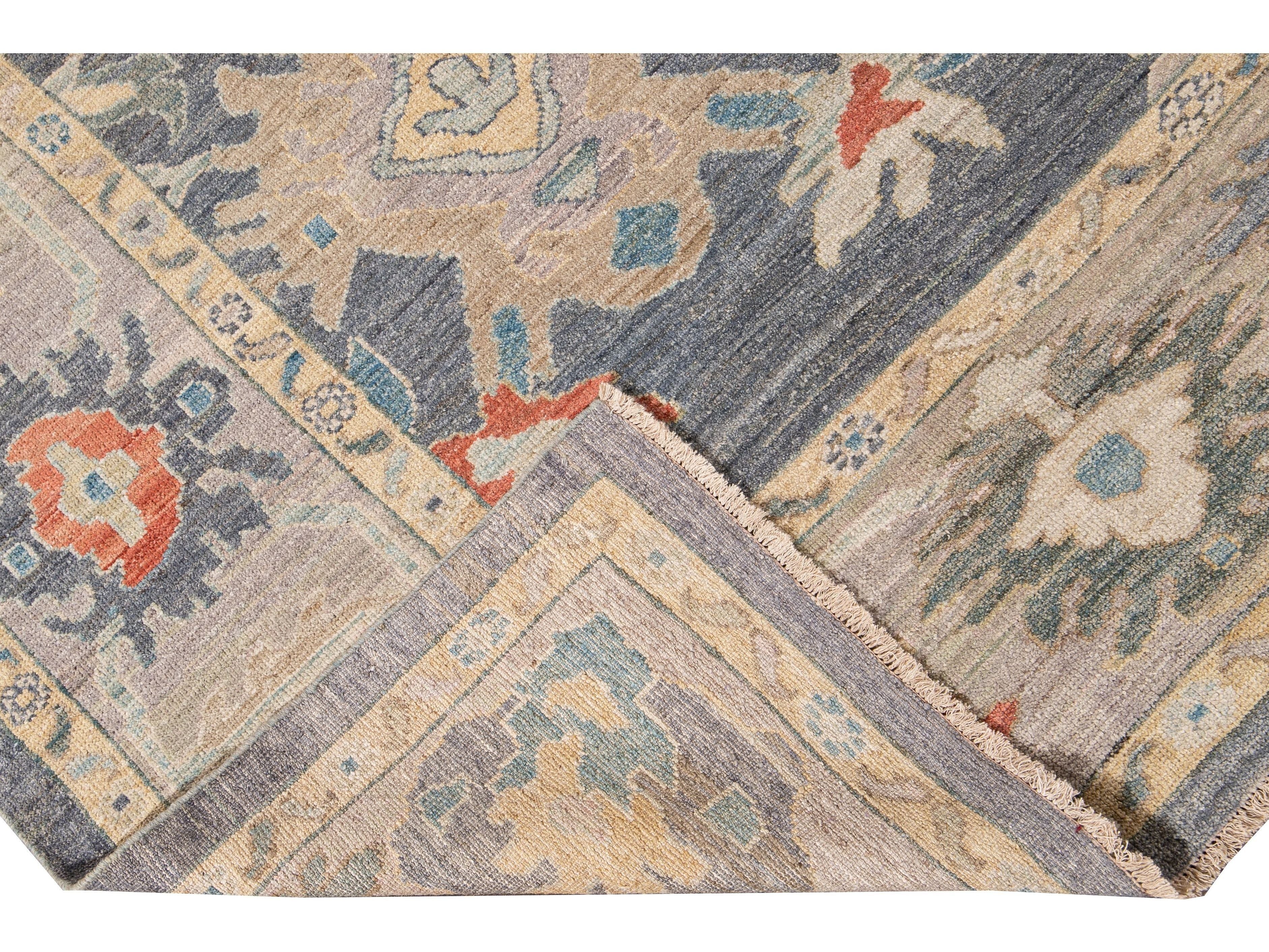 Modern Sultanabad Gray Handmade Geometric Floral Wool Rug